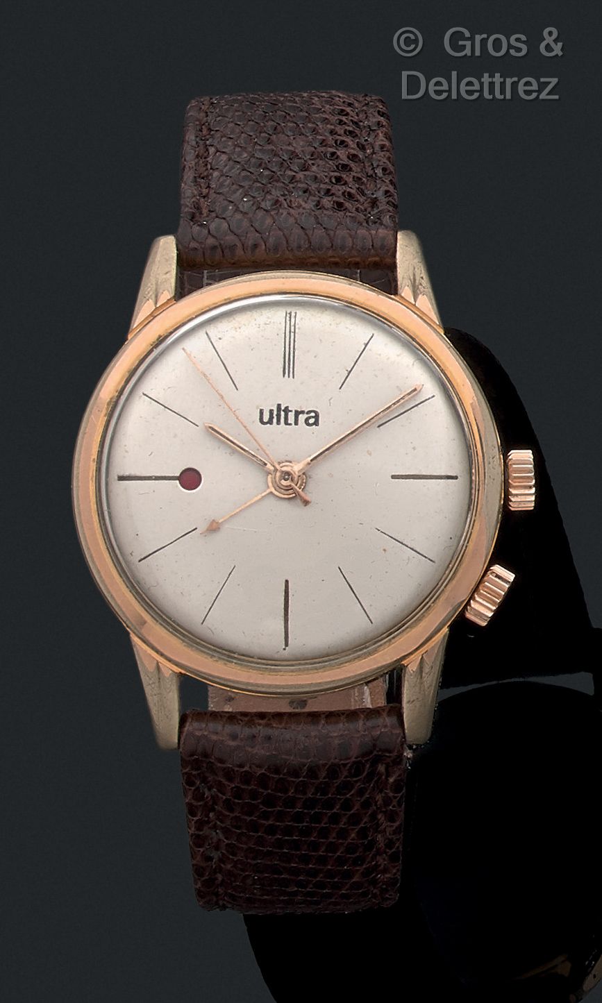 ULTRA Um 1950 

Herrenmodell "Alarm" in vergoldeter Ausführung. Silbernes Ziffer&hellip;