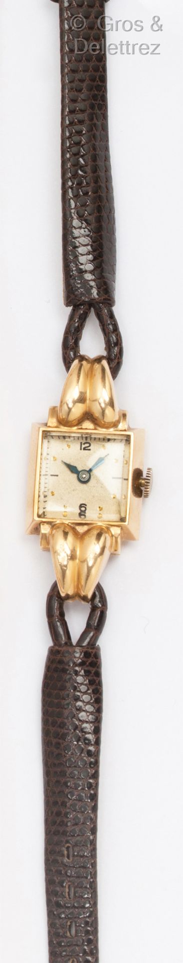 Null Gelbgold-Armbanduhr, quadratisches Gehäuse mit Gadroons, cremefarbenes Ziff&hellip;