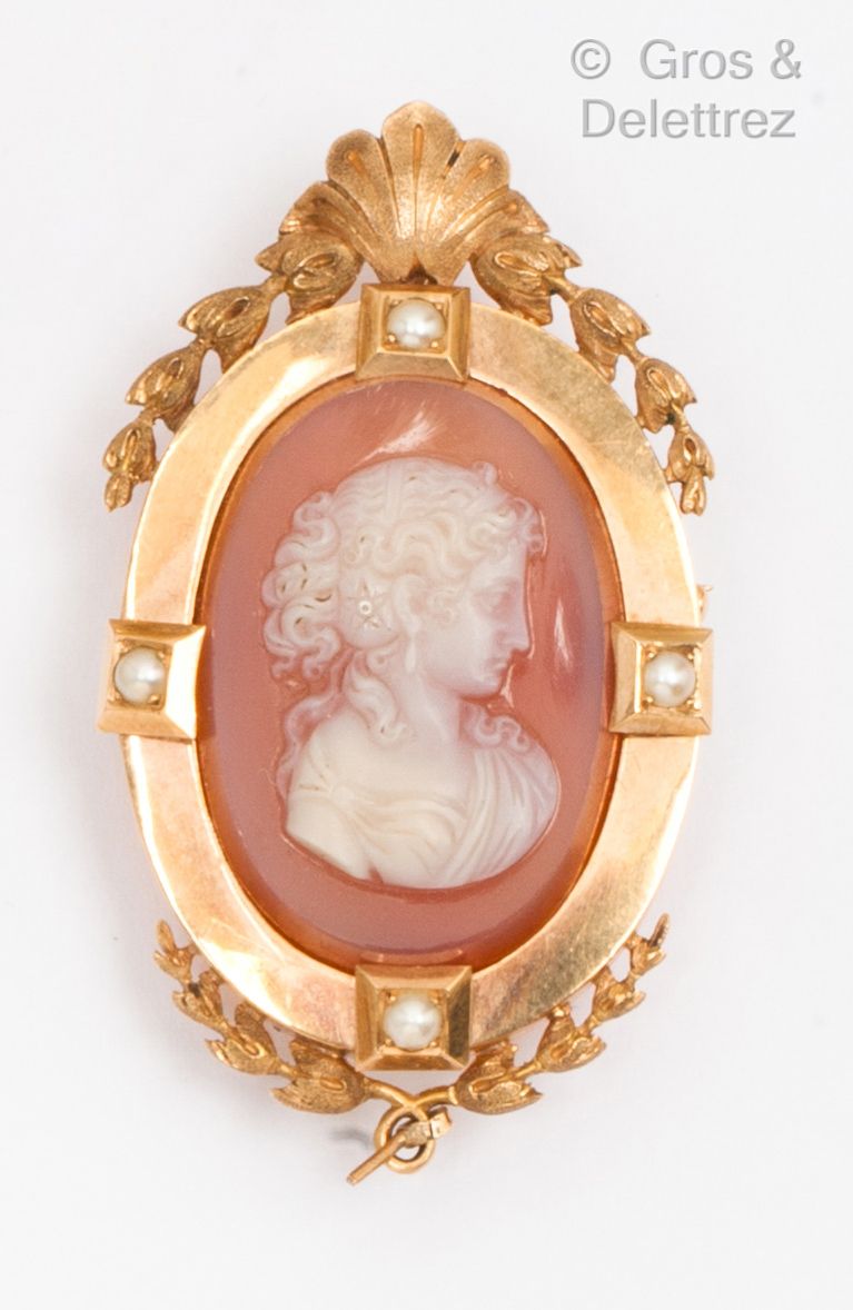 Null 黄金胸针，红玉髓上的浮雕表现了一个女人在半珍珠框架中的轮廓。拿破仑三世时期。尺寸：2,7 x 4,5厘米。毛重：9,7g。