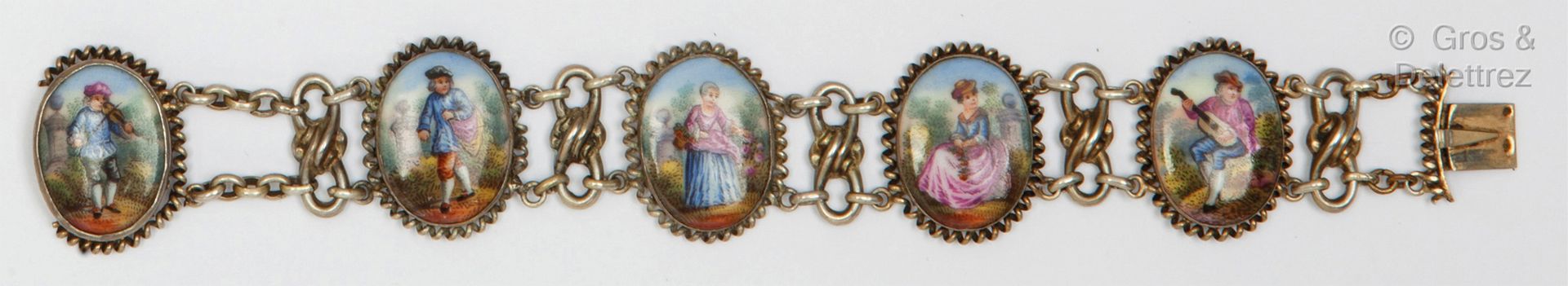 Null Bracelet articulé en argent, orné de cinq médaillons peints de miniatures é&hellip;