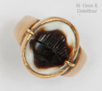 Null Bague en or jaune (14K), ornée d’un scarabée sur agate bicolore. Tour de do&hellip;