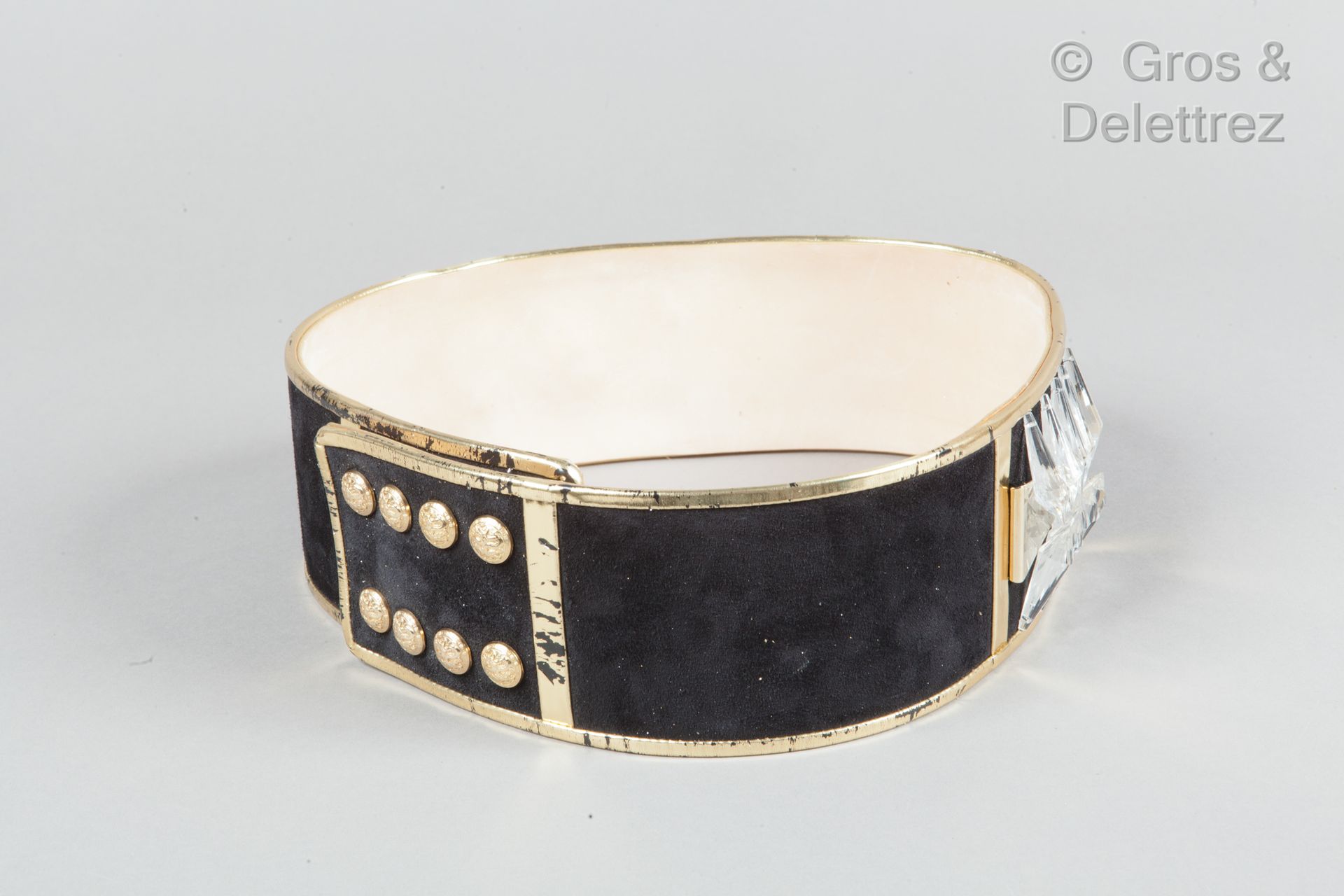 BALMAIN Large ceinture 85mm en agneau velours noir et cuir glacé or, agrémentée &hellip;