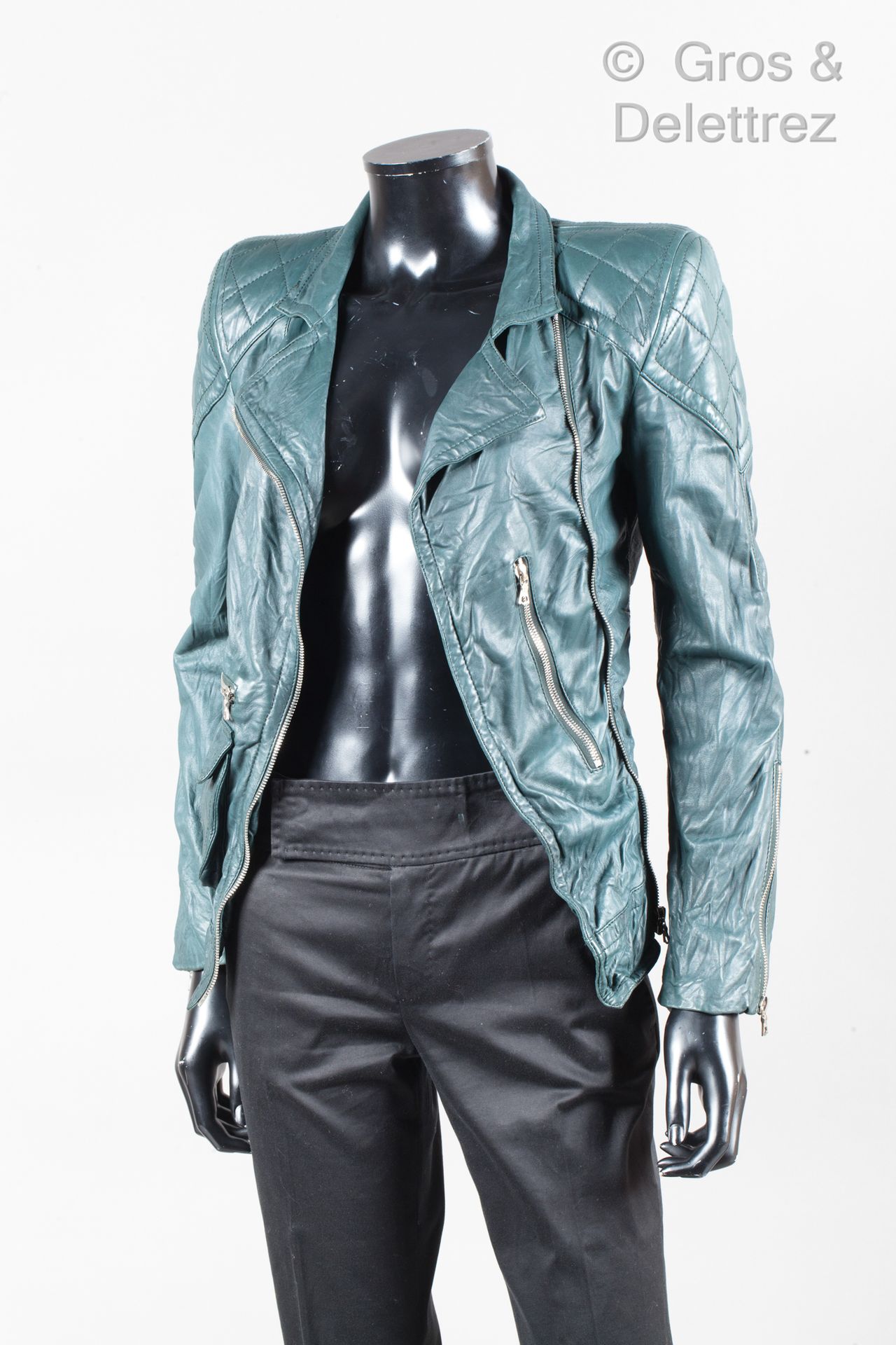 Marc JACOBS Fir green crumpled lambskin leather zipped jacket, partially topstit&hellip;