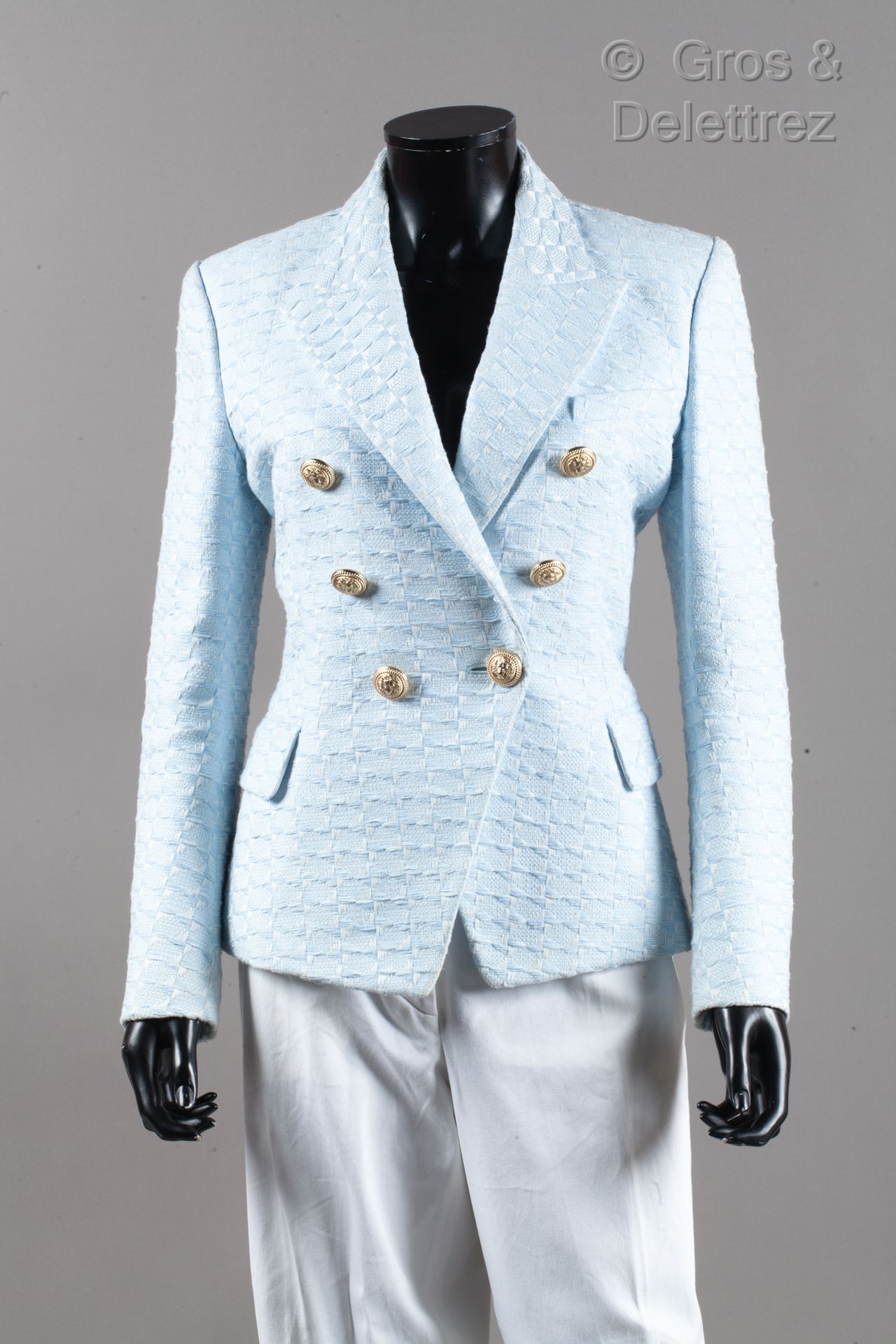 BALMAIN par Olivier Rousteing Blazer in tweed di cotone azzurro, bianco, collo a&hellip;