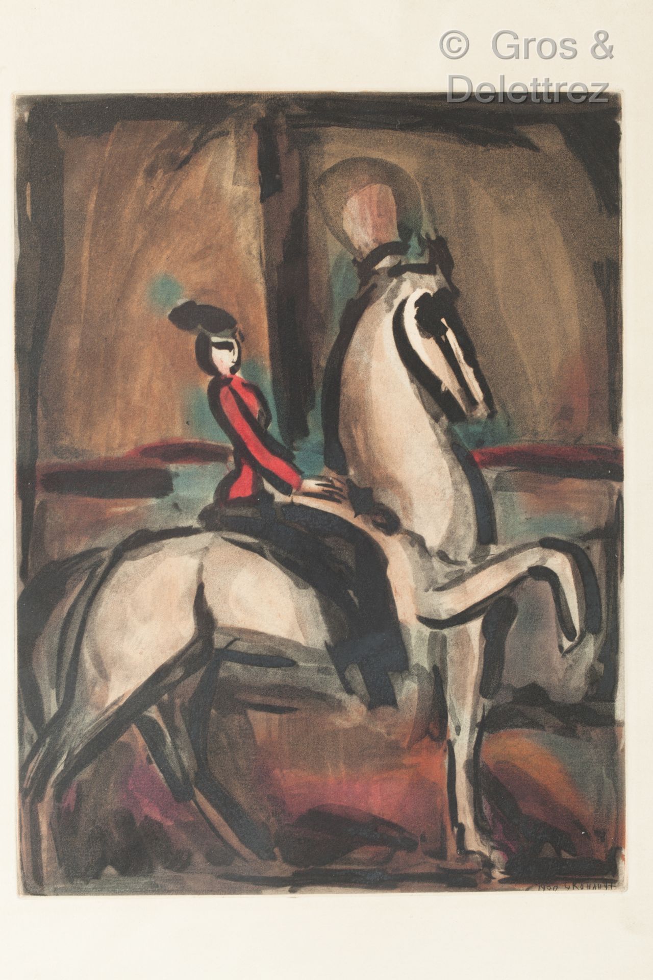 Georges ROUAULT (1871 - 1958) 亚马逊。板块来自安德烈-苏亚雷斯的《马戏团》。1930.

彩色水印，右下角有日期和签名。

正面略&hellip;