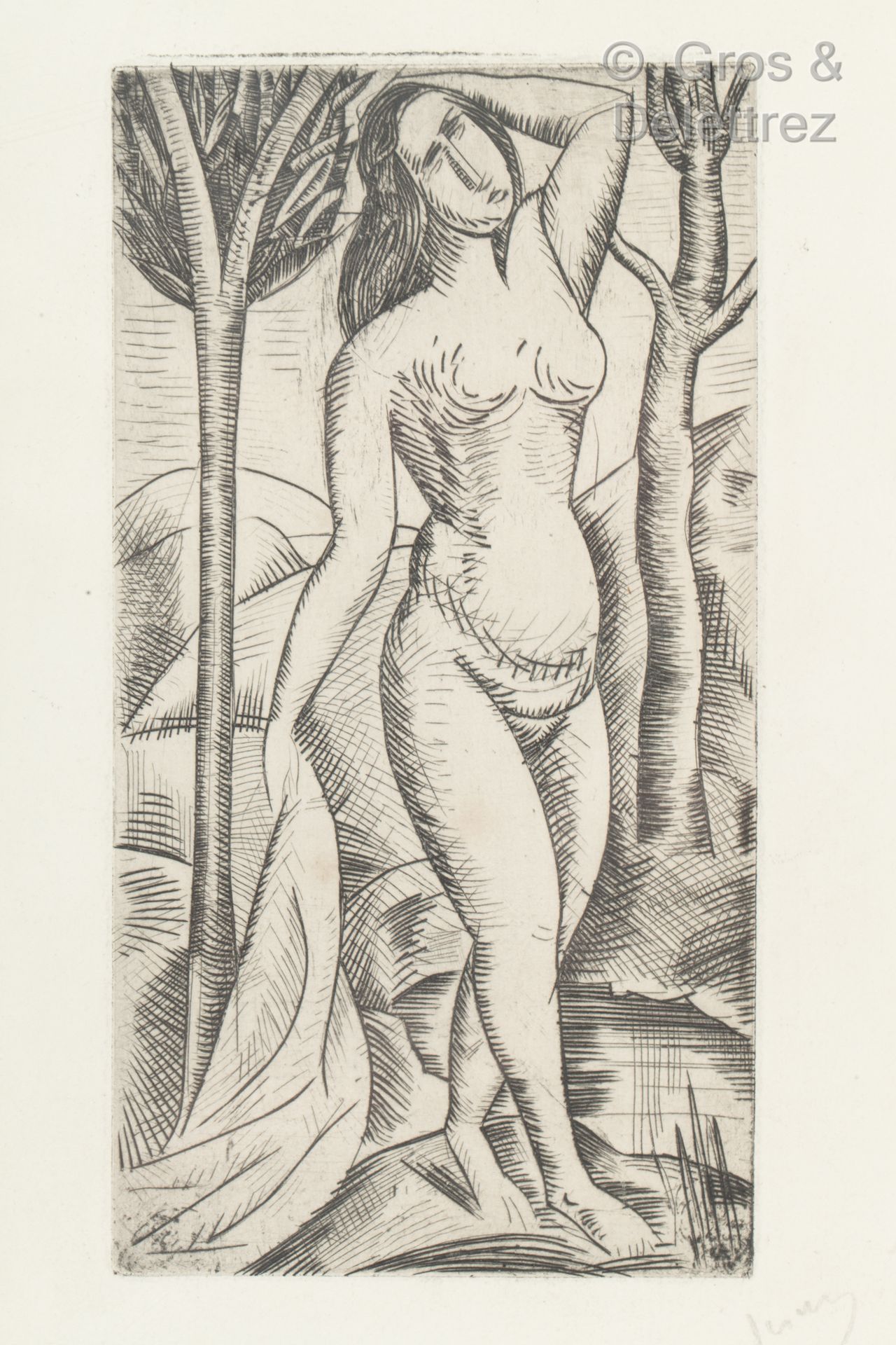 André DERAIN (1880-1954) 有树的赤裸裸的浴者。1910-1913.

布林。印刷品右下方有签名。

有点发黄，有一些波浪形的褶皱。(Ad&hellip;