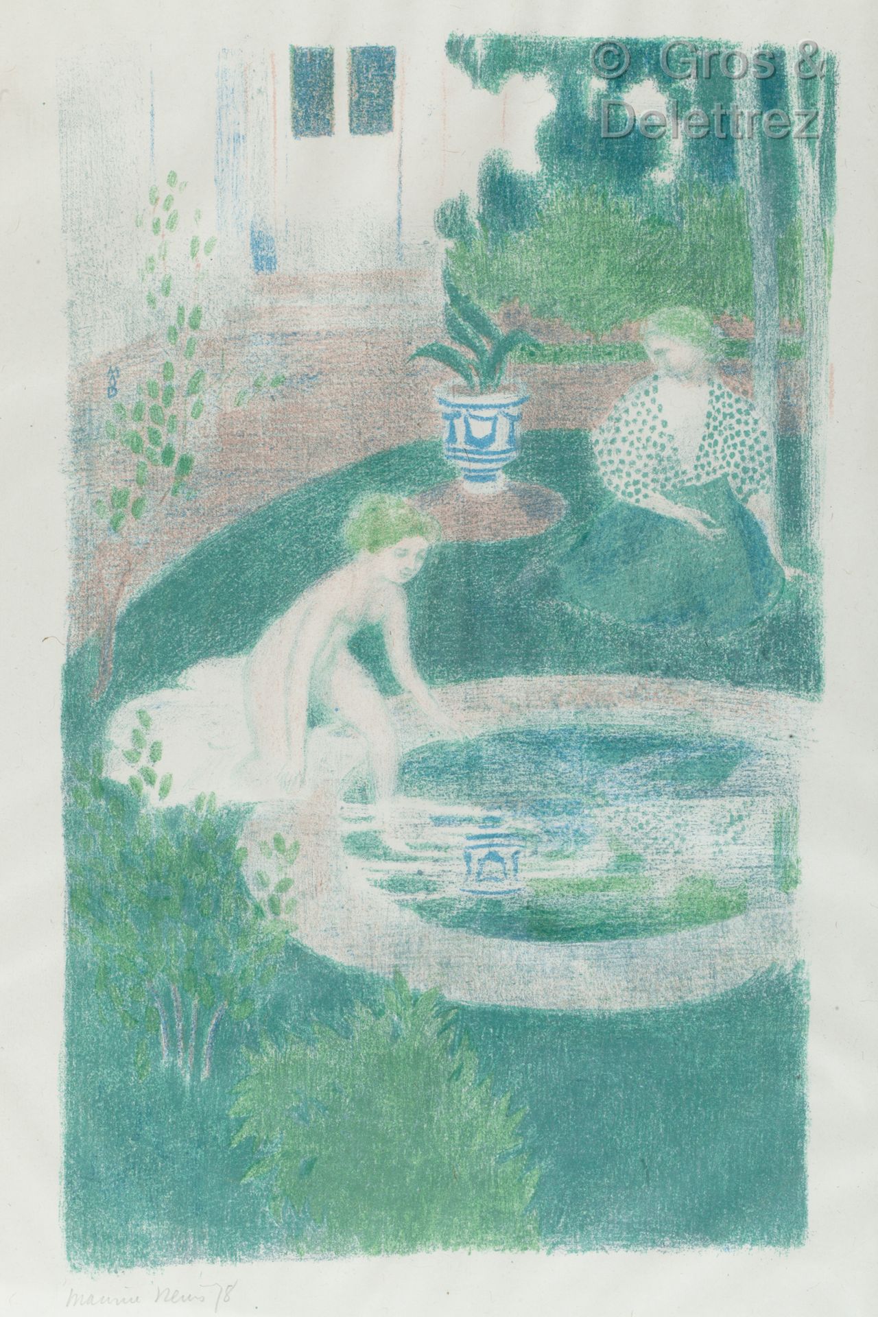 Maurice DENIS (1870-1943) 喷泉中的倒影。

为A.Vollard出版的画册绘制的彩色石板画，左下角有签名和日期98。

许多波浪形的褶&hellip;
