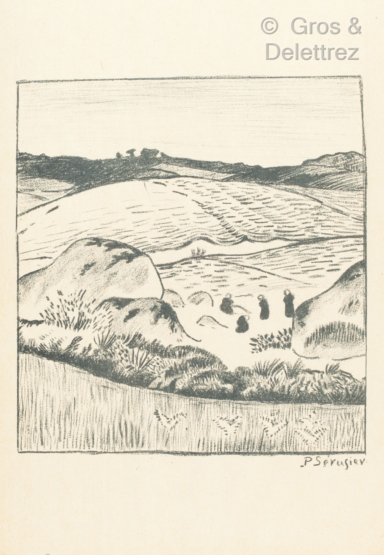 Paul SERUSIER (1864 – 1927) 布列塔尼景观中的妇女。

石版画，右下角有签名。背面的校样编号为54，在合成器上。

轻微的波浪形折痕，&hellip;