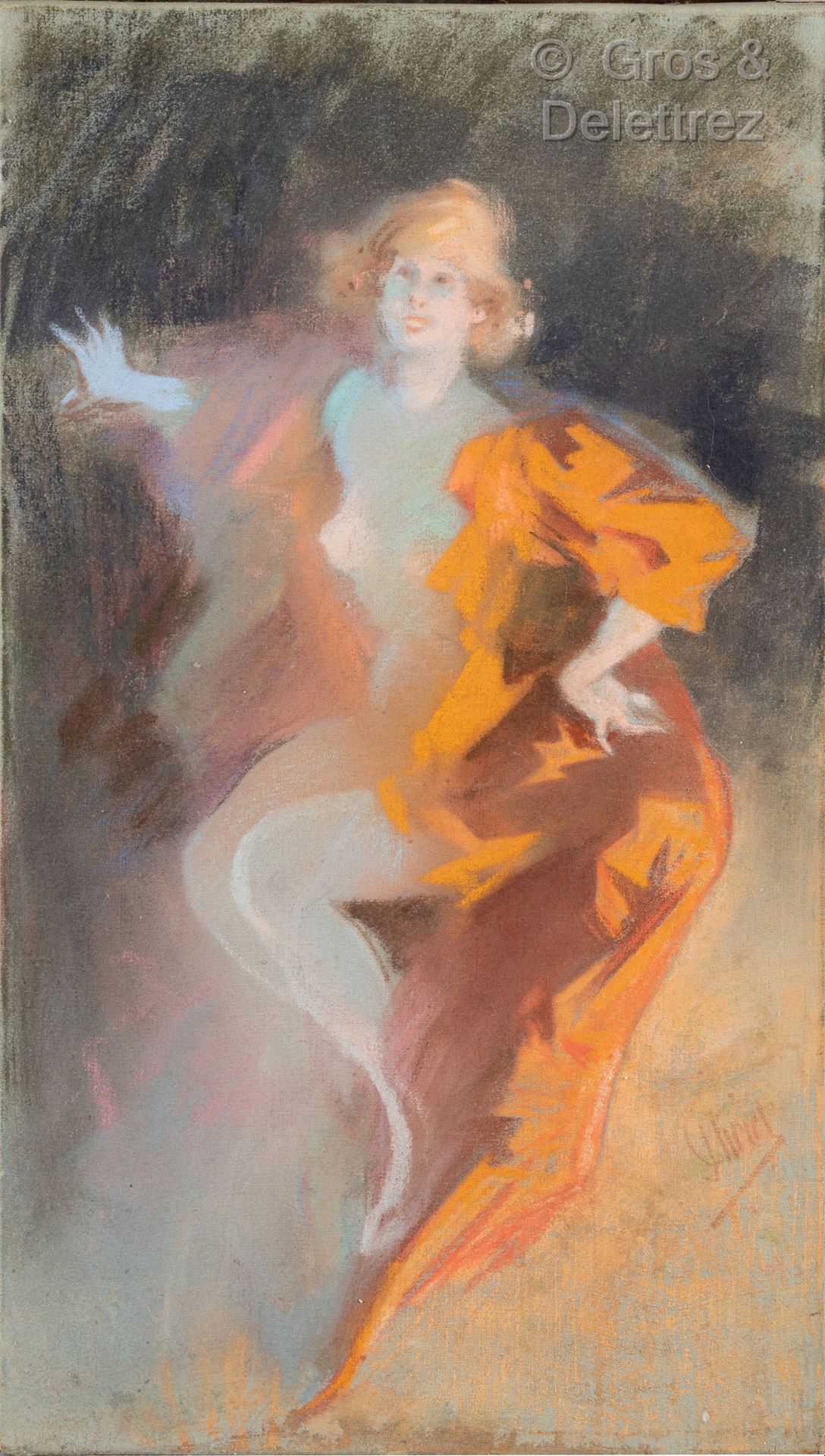 Jules CHÉRET (1836-1932) Jeune femme au drapé orange

Pastel sur toile. 

44 x 2&hellip;