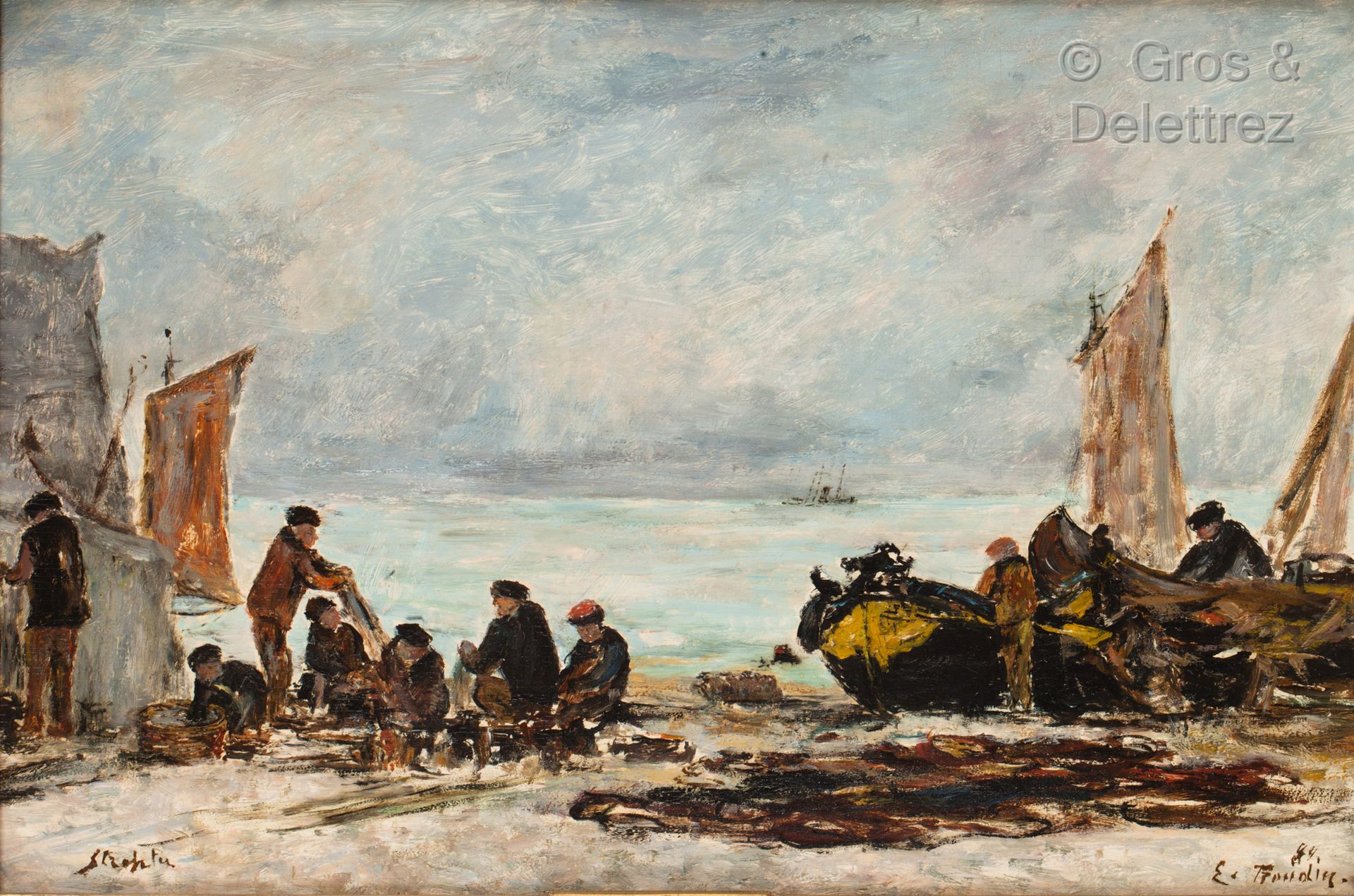 Eugène BOUDIN (1824-1898) 
Pescadores guardando sus redes en Etretat




Óleo so&hellip;