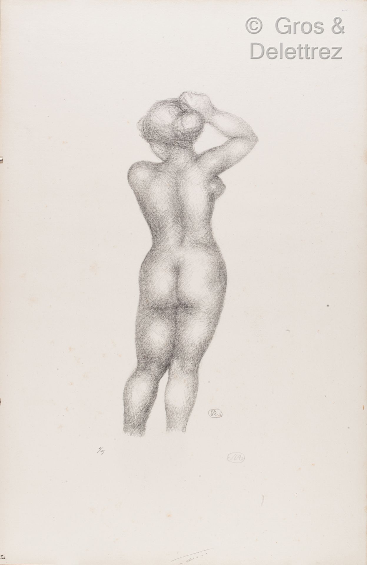 Aristide MAILLOL (1861 -1944) 从后面看裸体女人，右臂举过头顶。

石版画上有签名，编号为7/25，版上的字样是反过来的，有点发黄。&hellip;