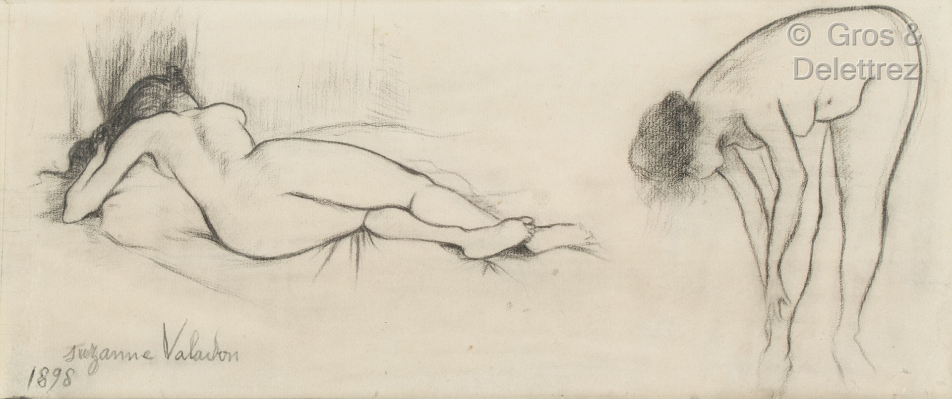 Suzanne VALADON (1865-1938) 
裸体拉伸和裸体弯曲




纸上铅笔。 




左下方有签名。




印有1898年的日期。 

&hellip;