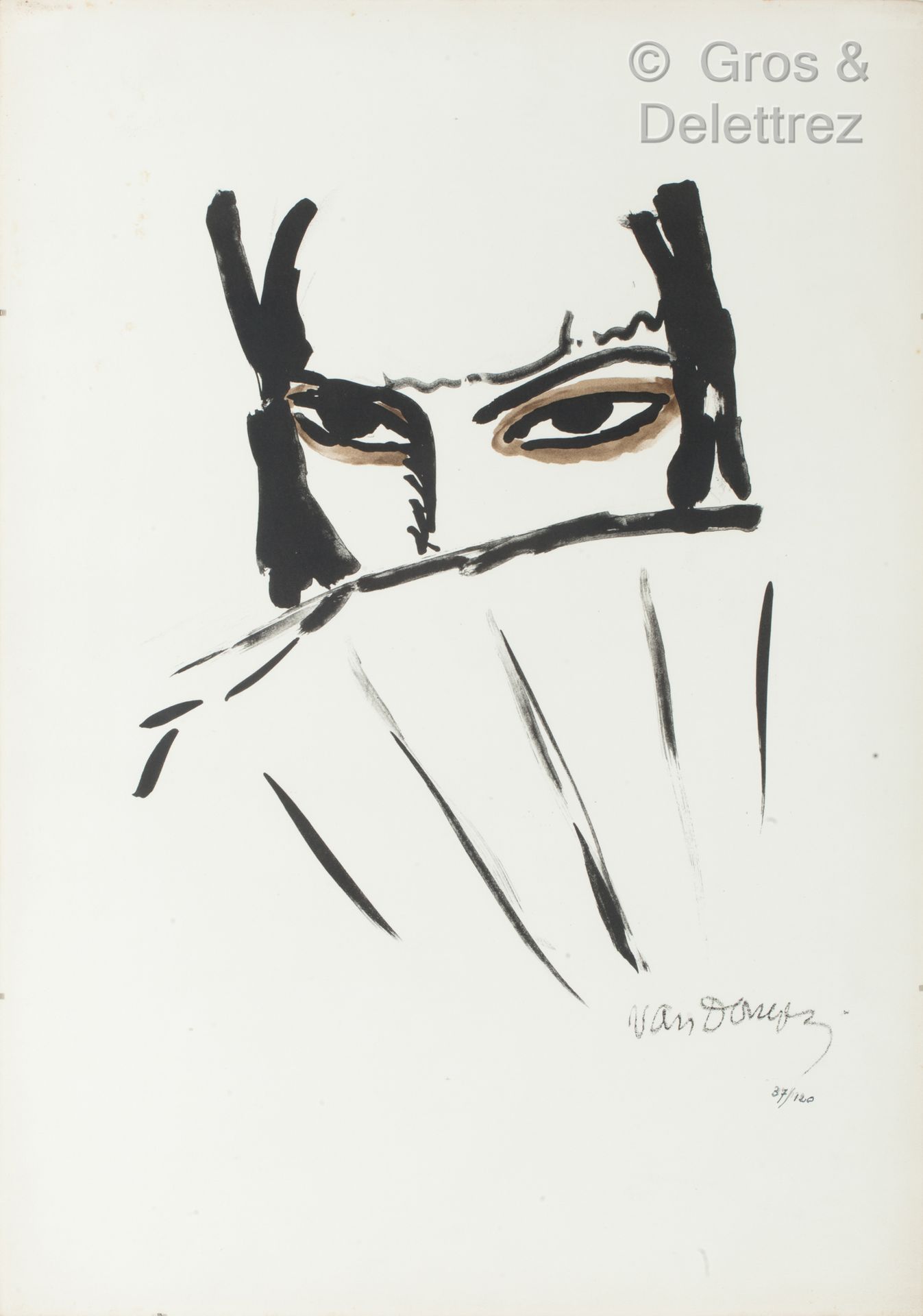 Kees VAN DONGEN (1877 – 1958) 拿着扇子的女人。

双色石版画，版上有签名，铅笔编号37/120，有墨水转印。

略微发黄，有小的狐&hellip;