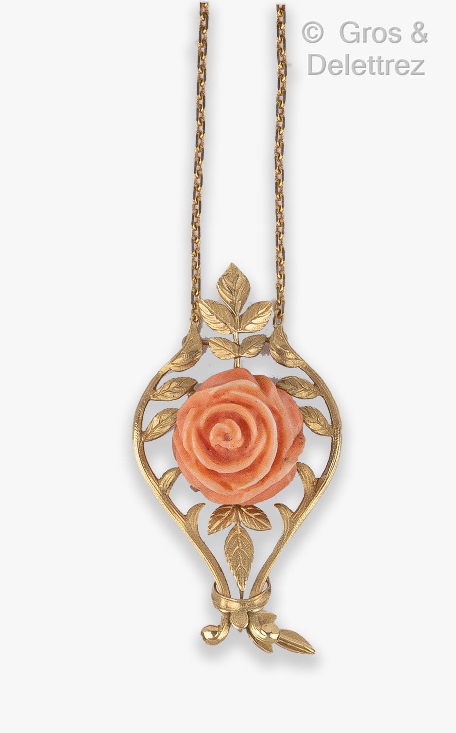 Null Yellow gold chain and pendant, decorated with a coral rose in a circle of l&hellip;