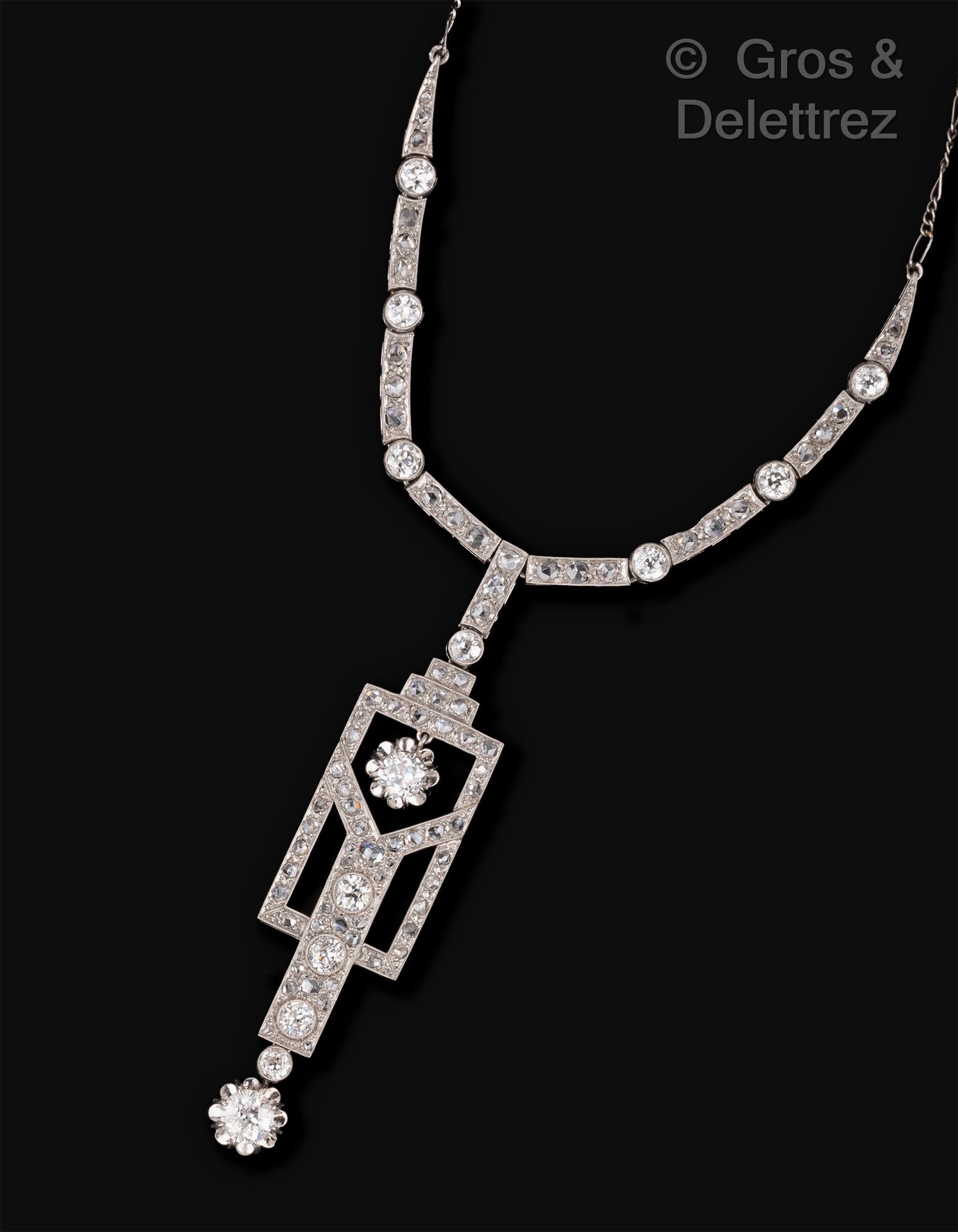 Null Necklace in platinum with geometrical decoration, set with old cut diamonds&hellip;