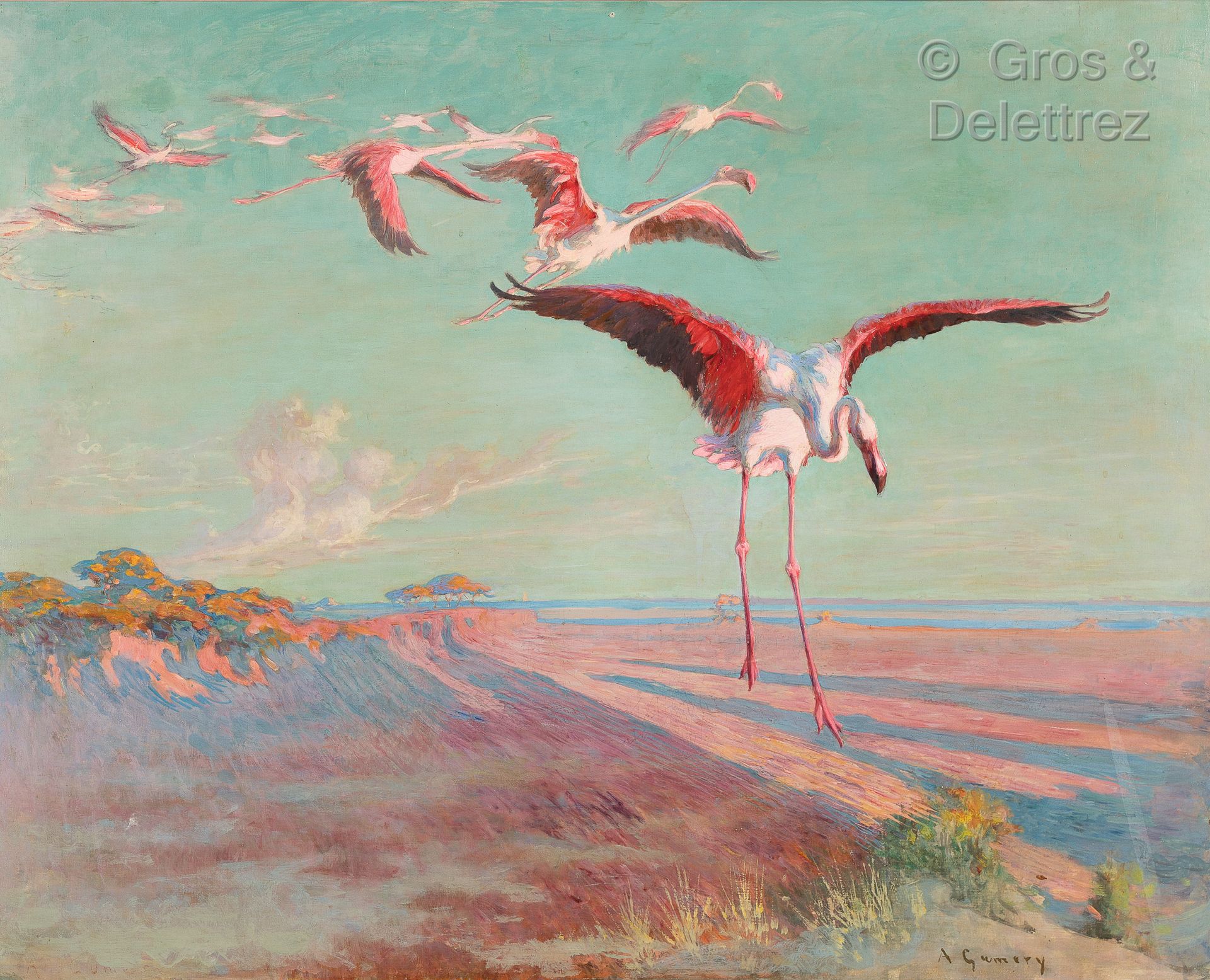Null 阿道夫-古梅里 (1861-1943)

在湖面上飞行的粉红色火烈鸟，突尼斯

布面油画，右下方有签名。

81 x 101 cm