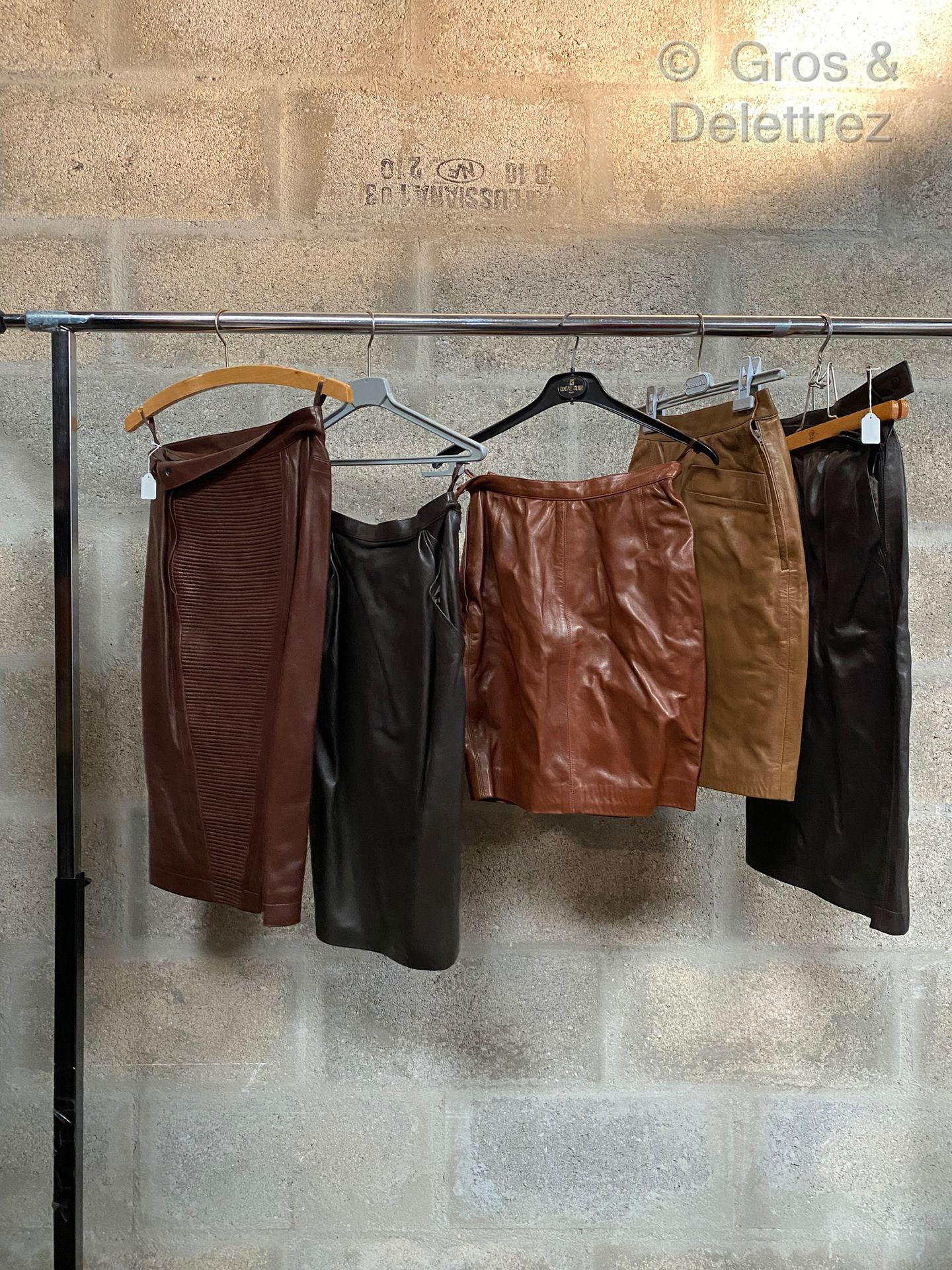 Null ALAIA, SAINT LAURENT RIVE GAUCHE, set of five brown leather skirts (S.36-38&hellip;