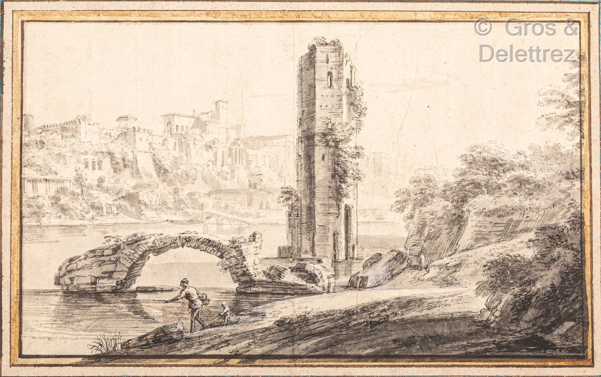 Null 归功于让-巴蒂斯特-拉勒芒（1716-1803）。

罗马台伯河的景色，前景是一座废旧的桥和两个渔民

钢笔和黑色墨水，灰色水洗，白色高光，钢笔和黑色&hellip;