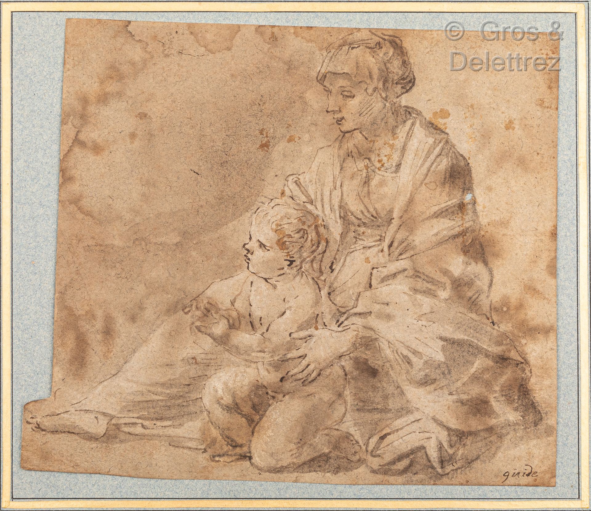 Null 意大利学校，17世纪

坐着的女人抱着一个跪着的孩子

钢笔和棕色墨水，灰色水洗，白色高光（损坏），有题词 "指南"。

14.8 x 17.3厘米。&hellip;