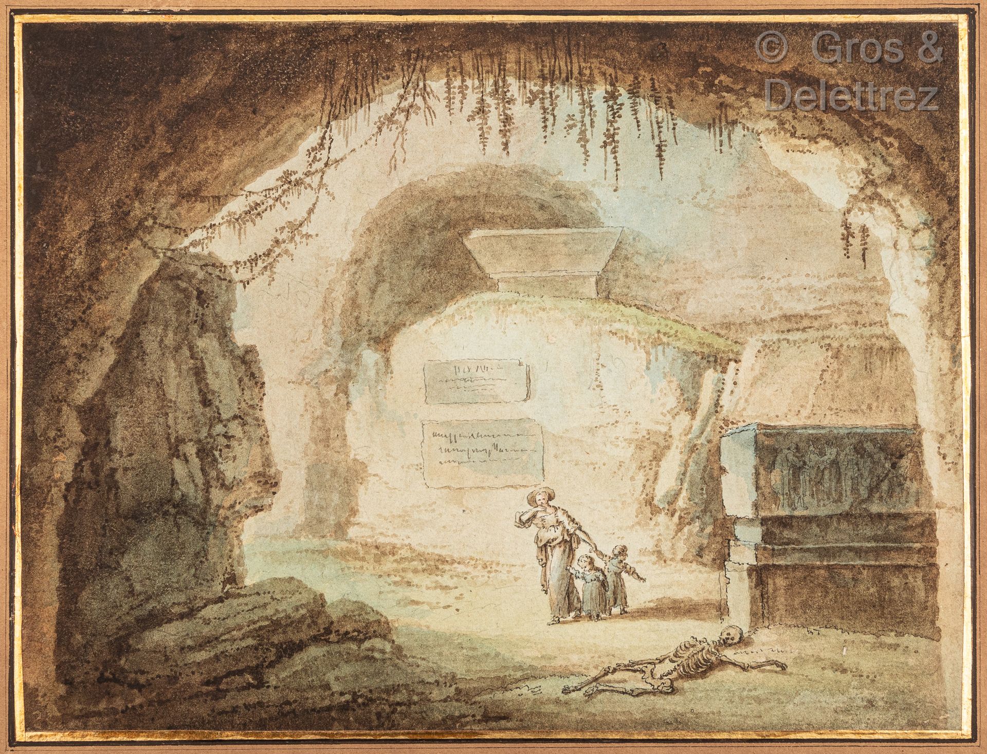 Null Leblanc，活跃于18世纪末

一个有两个人物的山洞；一个母亲和两个孩子在一个有坟墓的山洞里；河上的船，左边的山

黑石、钢笔和棕色墨水、棕色水洗&hellip;