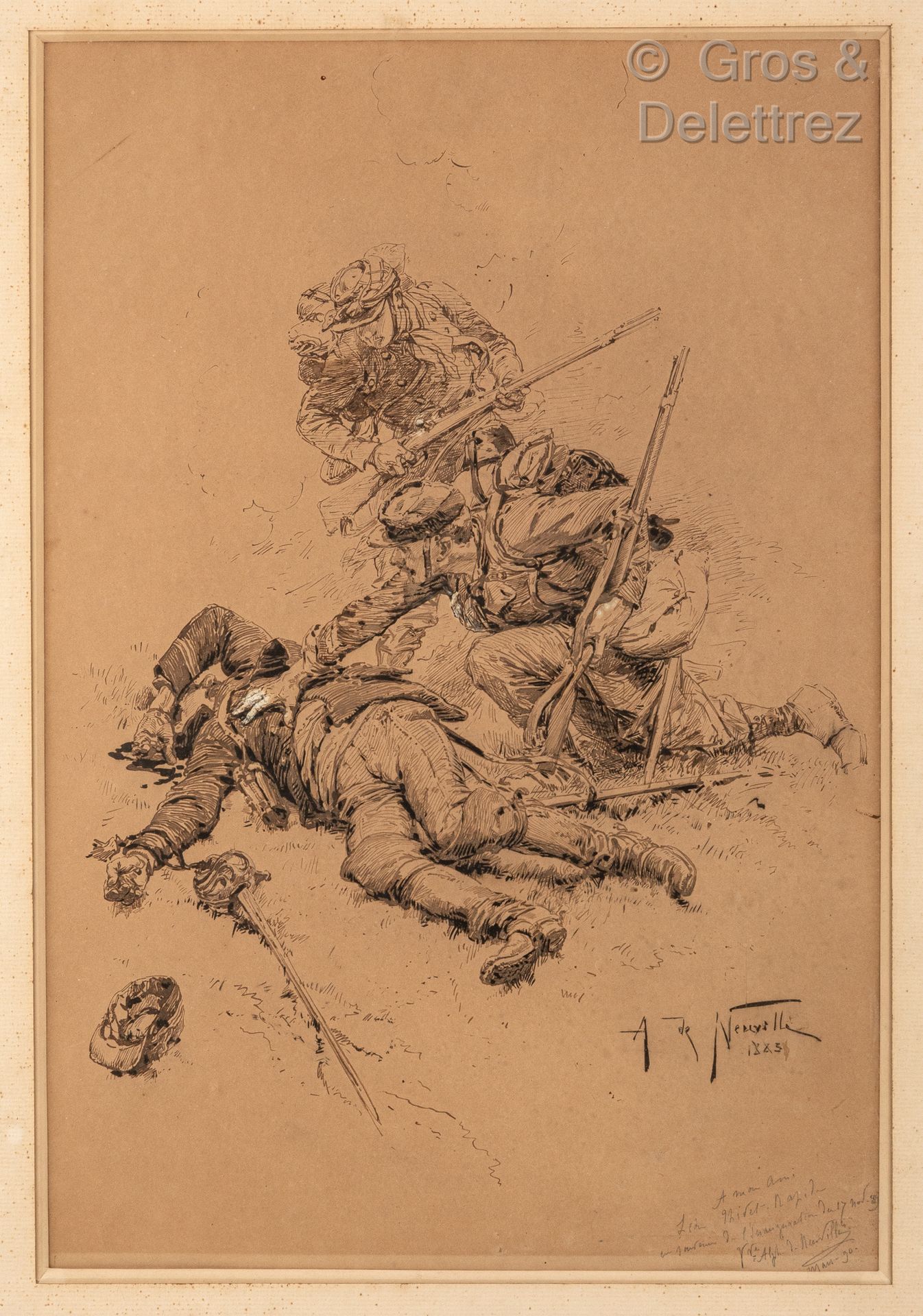 Null 阿尔方斯-德-诺伊维尔 (1835-1885)

两名步兵在抢救一名受伤的士兵

钢笔和棕色墨水，白色高光

签名和日期为 "A de Neuvill&hellip;