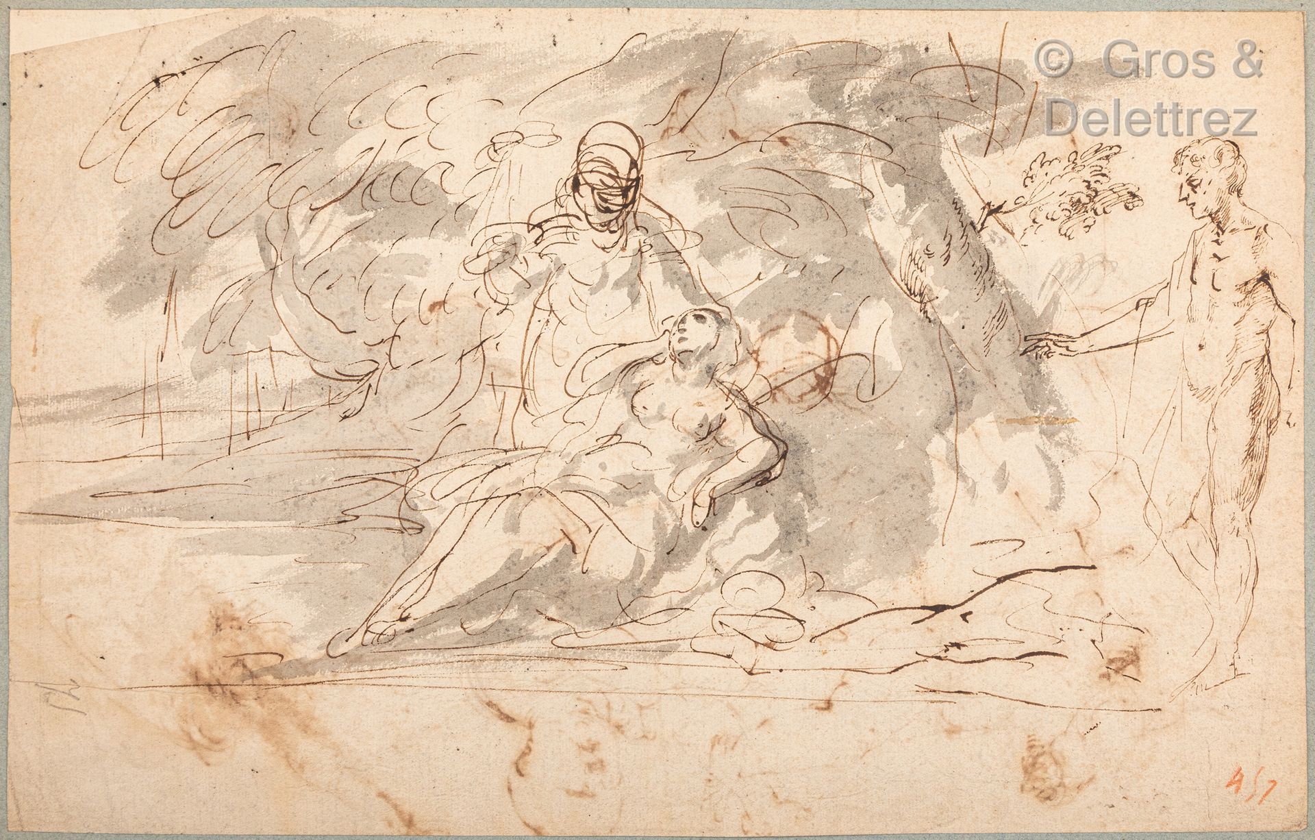 Null 法国学校，17世纪

一个裸体女人躺在风景中，另一个女人在后面（正面）；人物和头像的研究（背面）。

钢笔和棕色墨水，灰色水洗，难以辨认的水印

铭文&hellip;