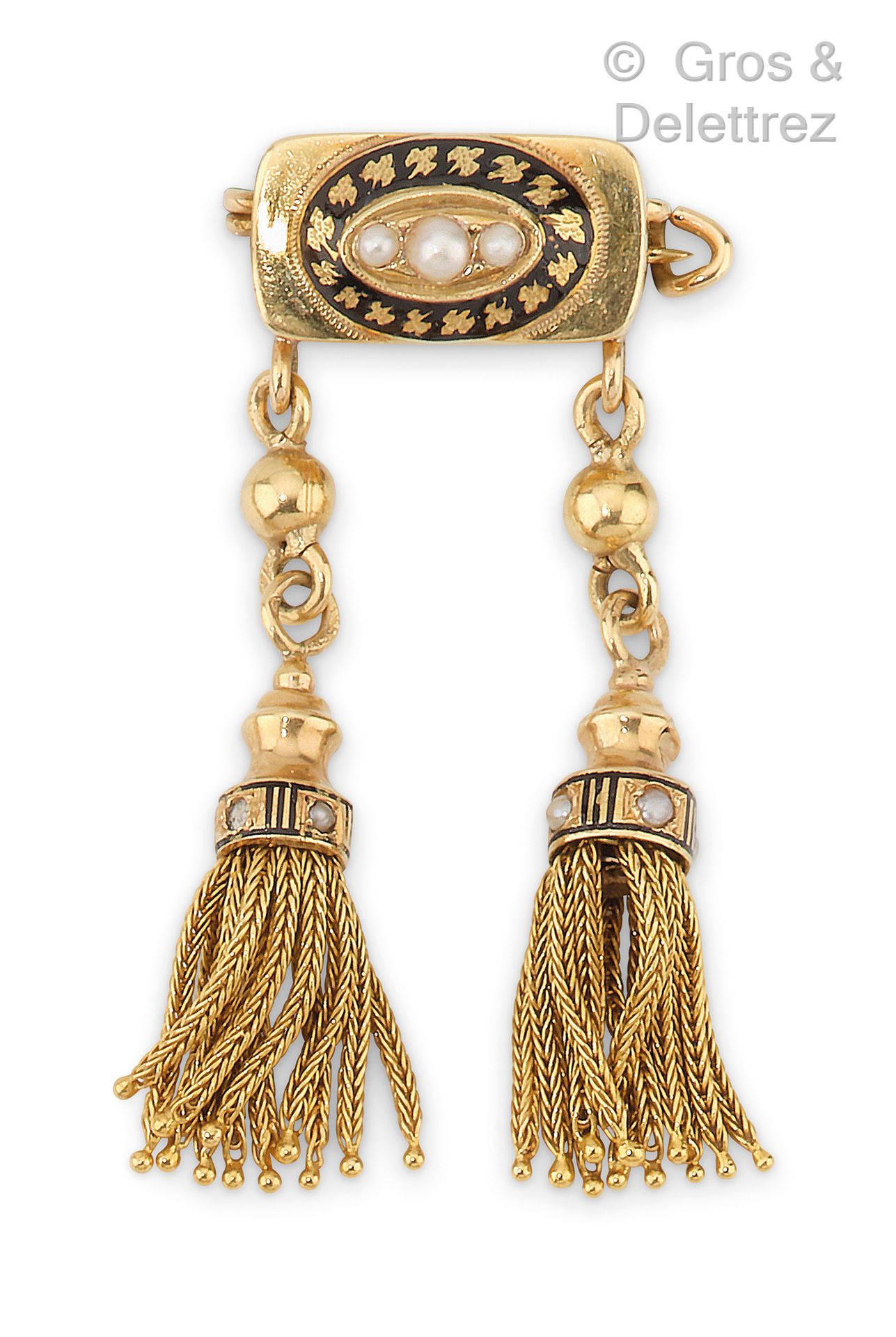 Null 黑色珐琅质黄金胸针，饰有半颗珍珠，手持两个流苏。尺寸：1.7 x 4.5厘米。毛重：7.2克。