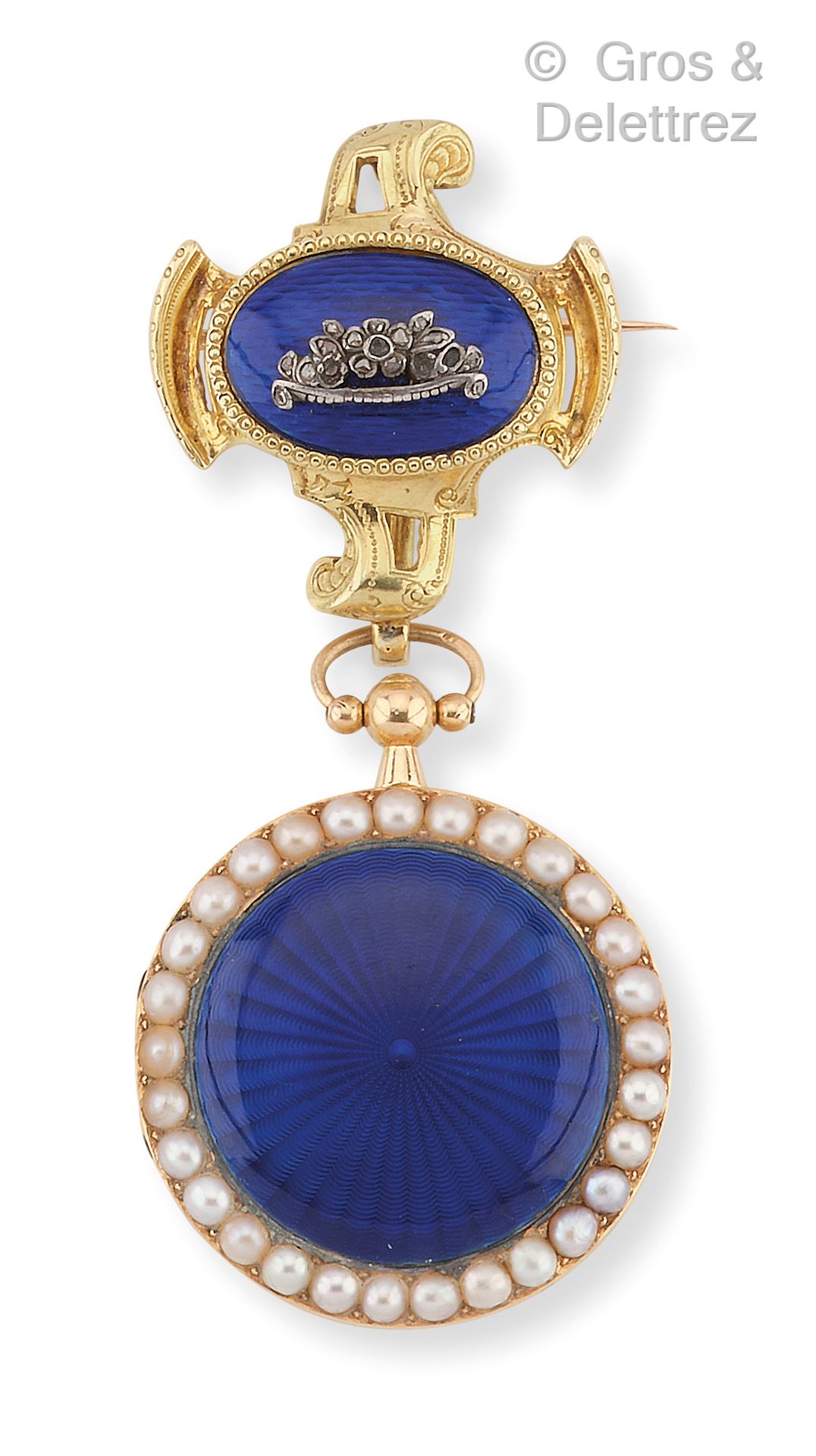 Null Blue enamelled yellow gold watch brooch underlined by a silver flower bouqu&hellip;