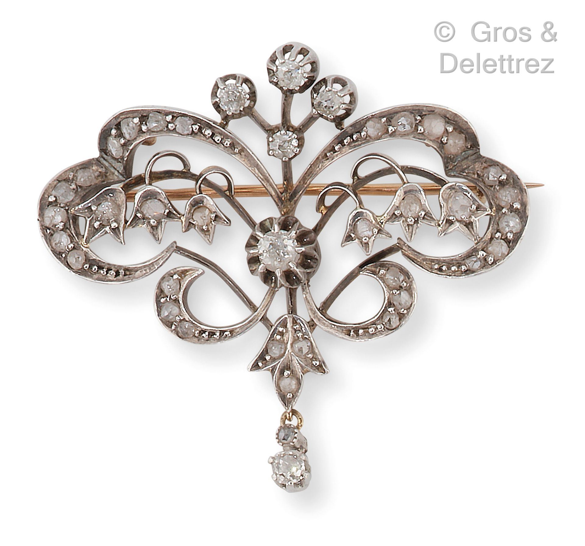 Null Brooch "Lily of the valley" in yellow gold and openwork silver, composed of&hellip;