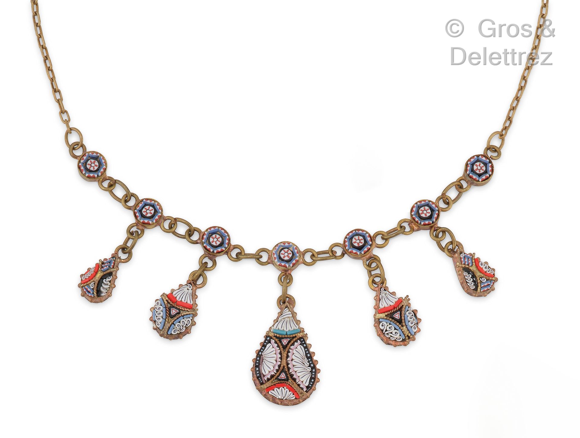 Null Necklace "Collar" in gilded metal with drops set with micro-mosaic. Italian&hellip;