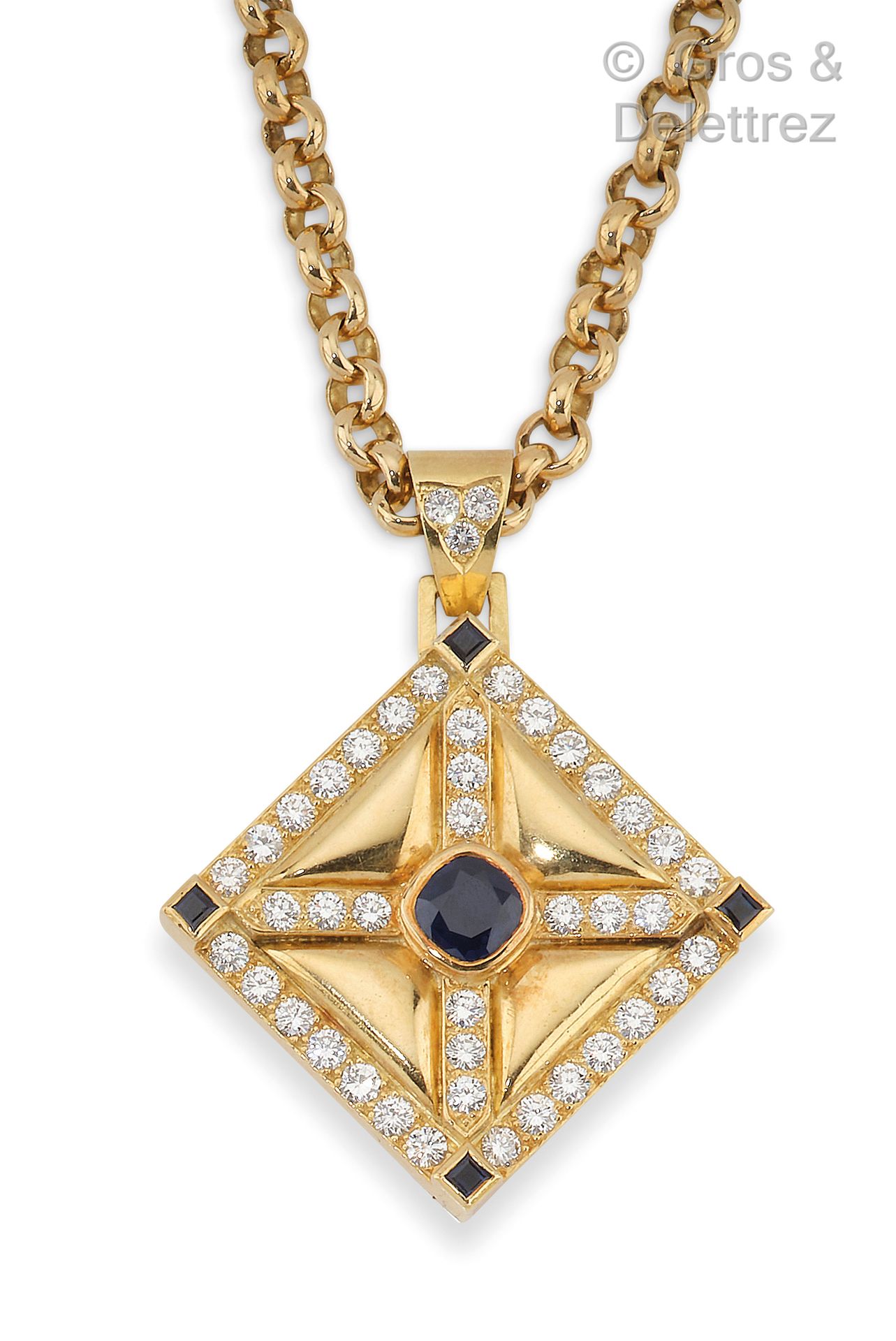 Null Square yellow gold pendant set with a faceted cushion sapphire underlined b&hellip;