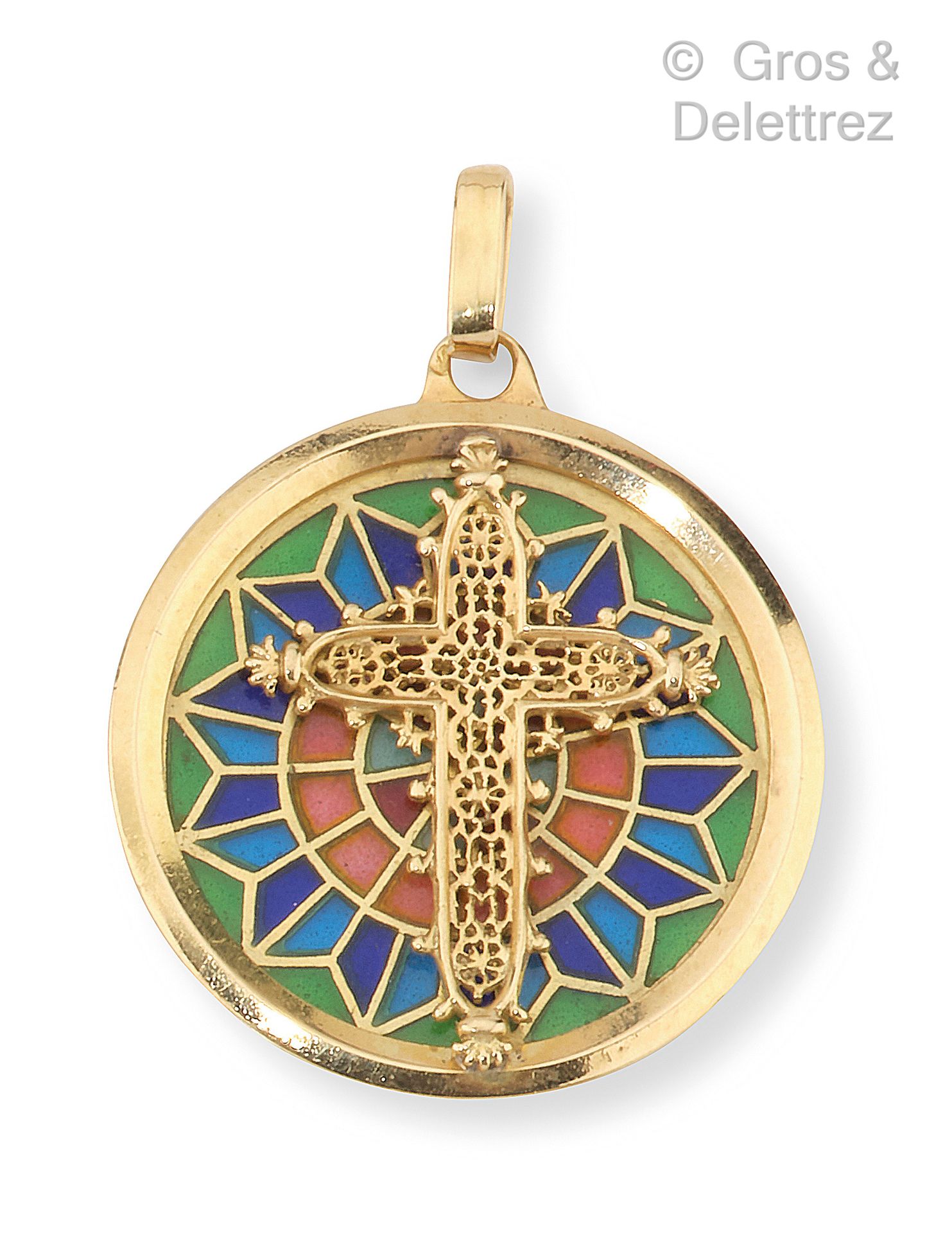 Null Circular pendant in yellow gold, decorated with a rose enamel plique-à jour&hellip;