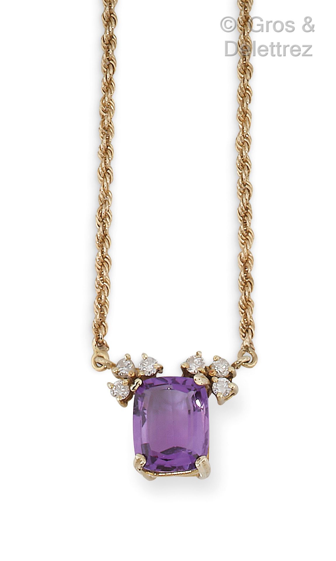 Null Yellow gold (14K) pendant necklace with a faceted amethyst set with brillia&hellip;