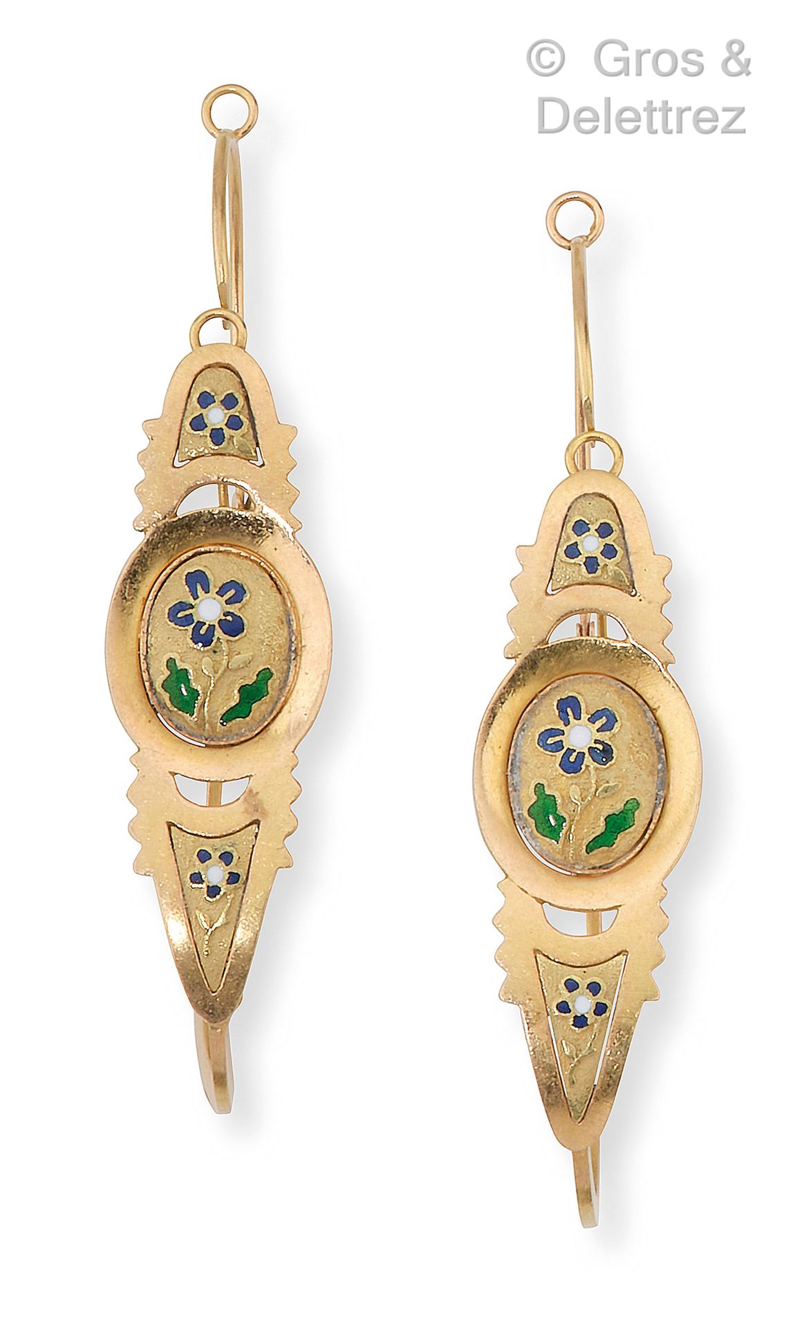 Null Pair of yellow gold "Poissardes" earrings, decorated with polychrome enamel&hellip;