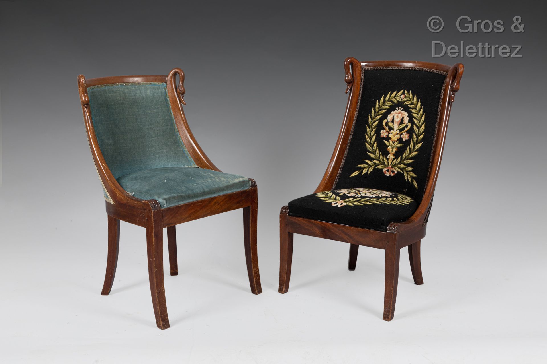 Null Pair of mahogany and mahogany veneered swan head gondola chairs. Restoratio&hellip;