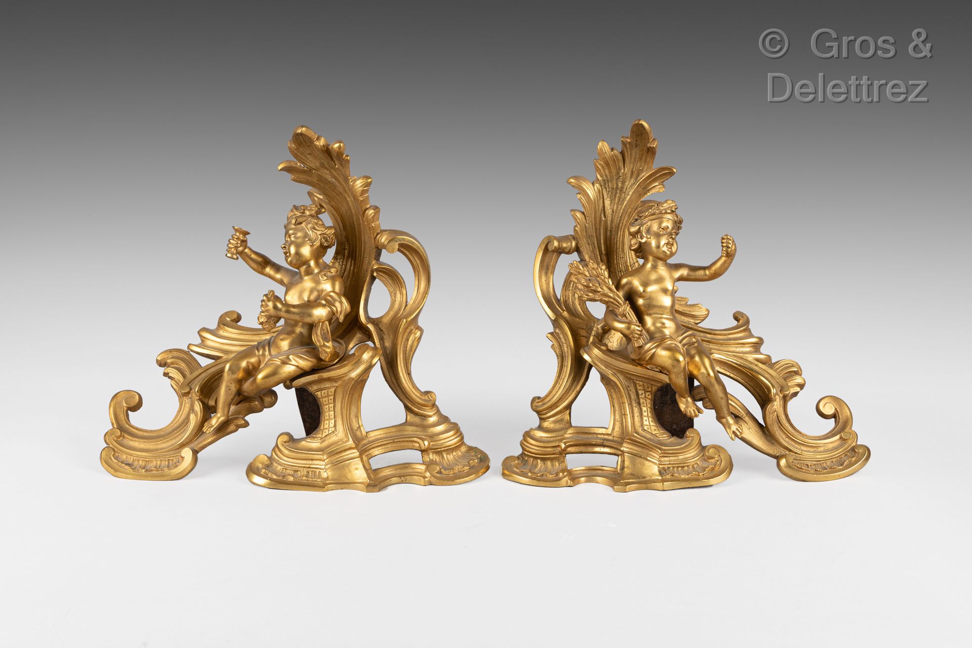 Null Pair of bronze andirons Louis XV style Height : 33 cm - Width : 35 cm