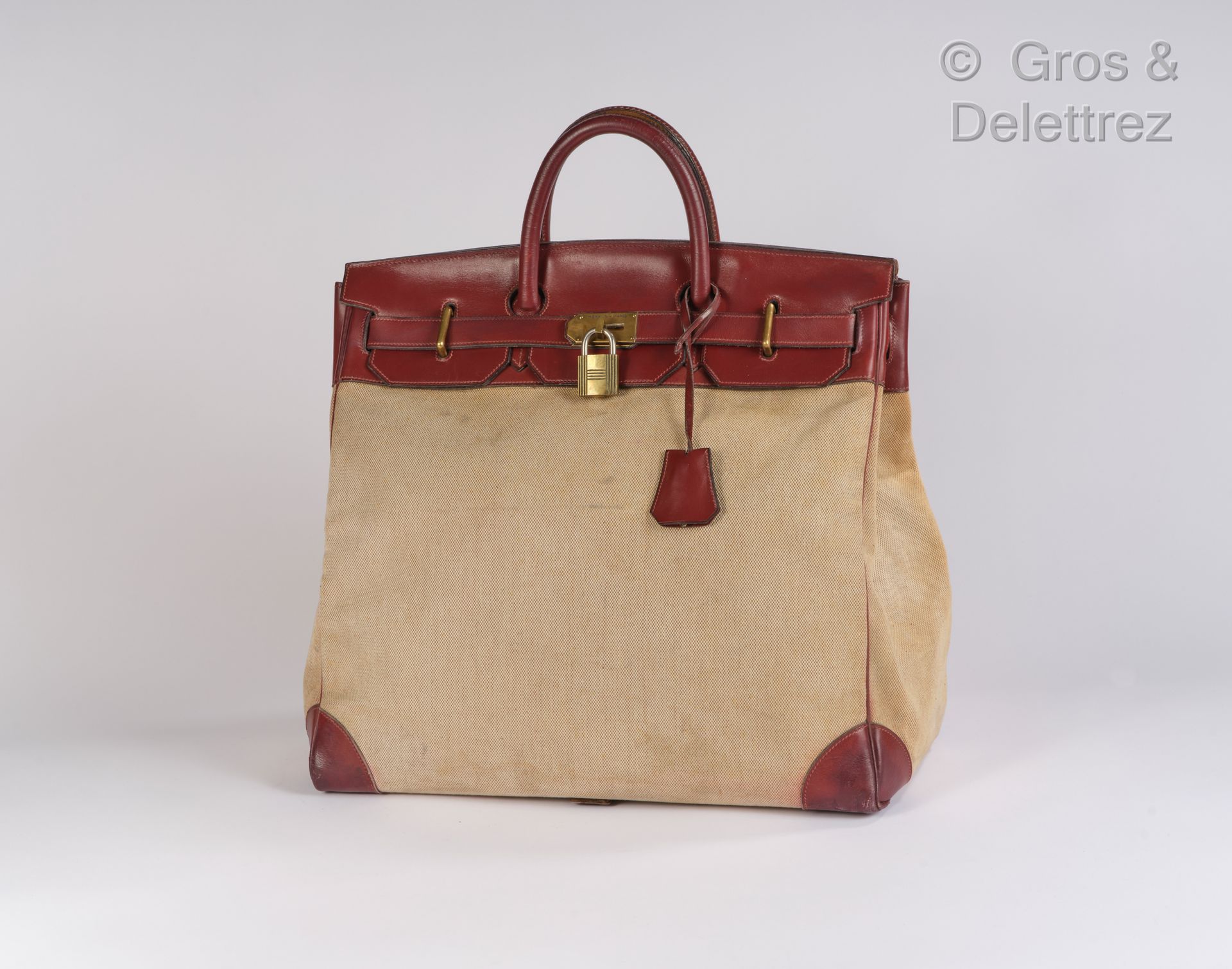 HERMES Paris Reisetasche "Haut à Couries" 45cm aus beigem, meliertem Canvas H un&hellip;