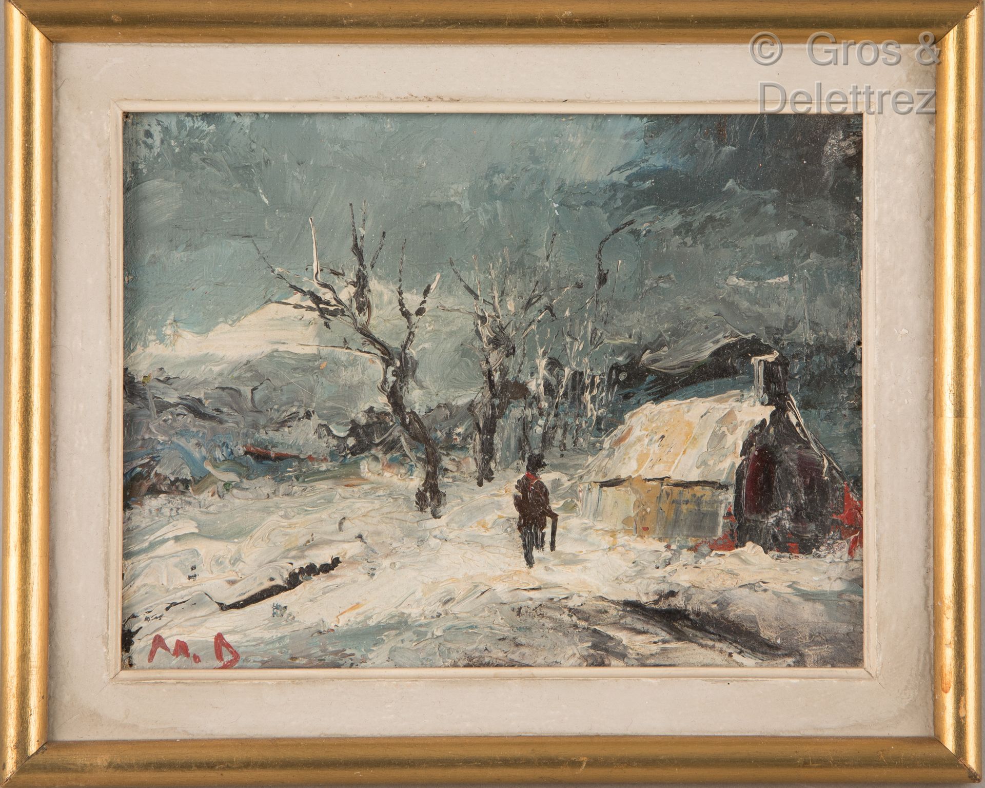 Null M. DESMOULINS（第二十次）。

雪下的小屋

布面油画，左下方有图案，背面有签名

14 x 18 cm