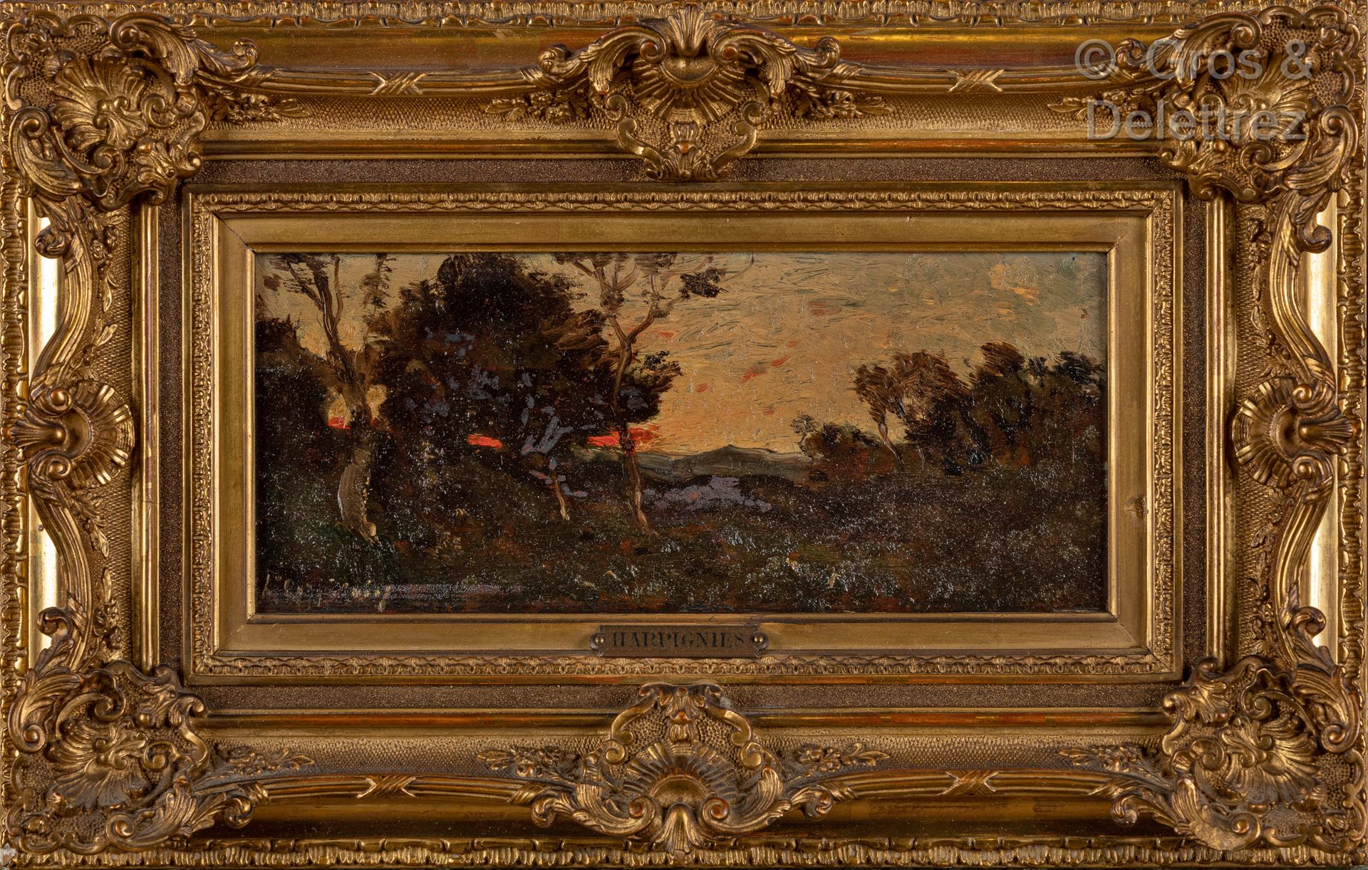 Null 
亨利-约瑟夫-哈皮涅斯（1819-1916）。




黄昏时分的灌木丛




左下角有签名的板上油画




10,5 x 25 cm

可以修&hellip;