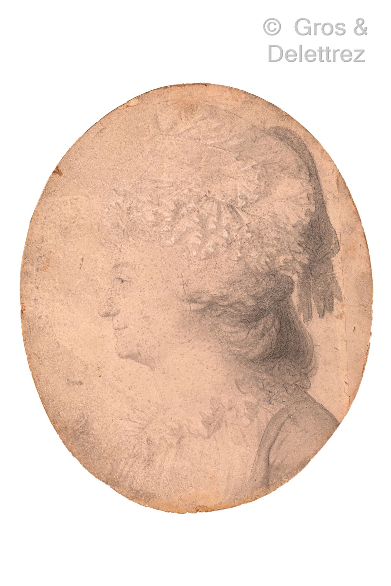 Null 18世纪末弗朗索瓦-安德烈-文森品味的法国学校

一个女人的侧面肖像

椭圆形的黑色石头画，纸上有白色粉笔的亮点（完全是斑驳的旧水印，未染色）。

4&hellip;