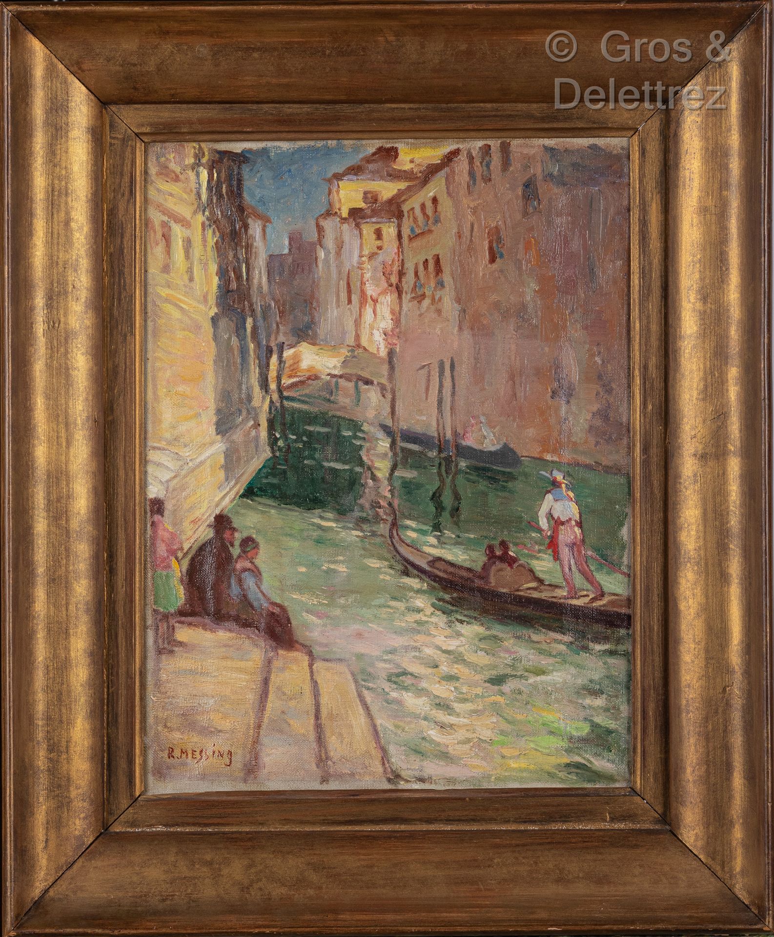 Null R.梅辛（20岁）

威尼斯的贡多拉

布面油画，左下角有签名

41 x 31厘米。修缮
