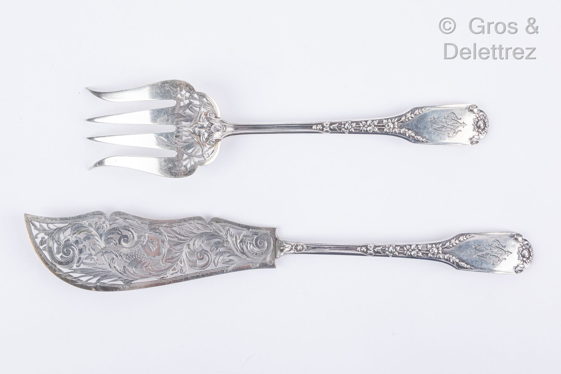Null Openwork silver fish serving set with reeds and fishes, the handle decorate&hellip;