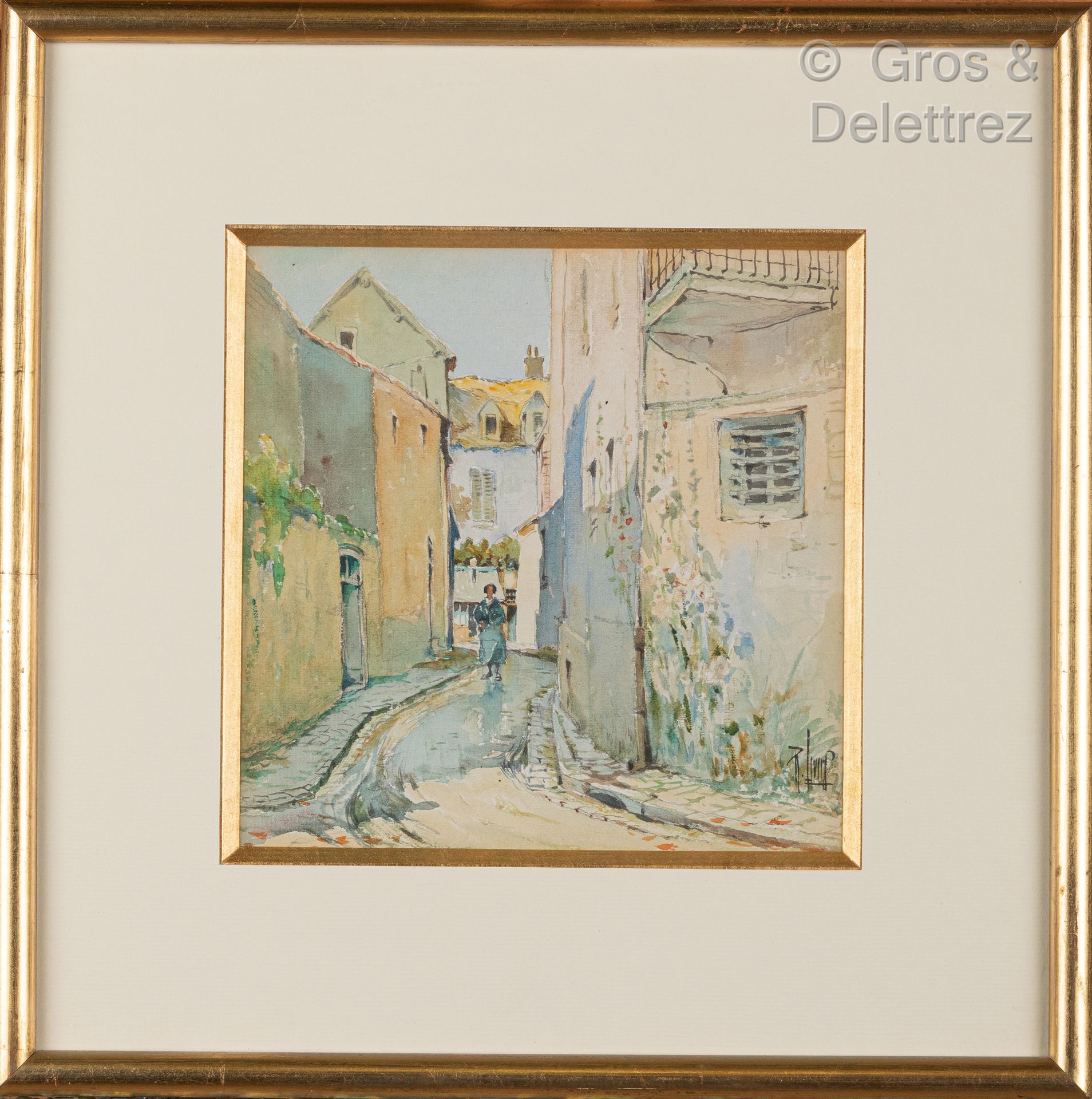 Null 勒内-莱维德 (1872-1938)

在村里漫步

纸上水彩和铅笔，右下方签名

18 x 18 cm