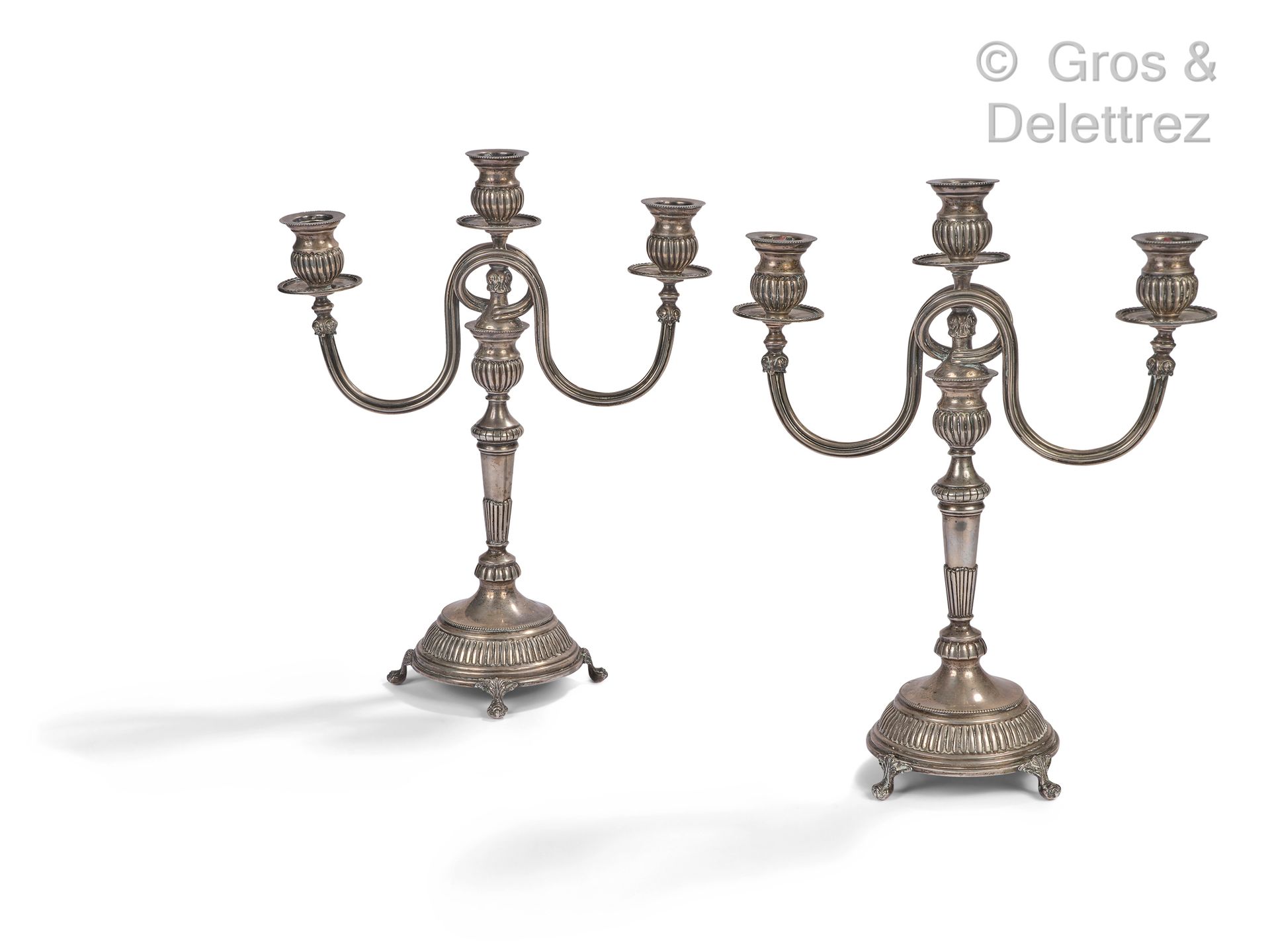 Null Pair of silver candelabras (833/1000) with decoration of godrons, the three&hellip;