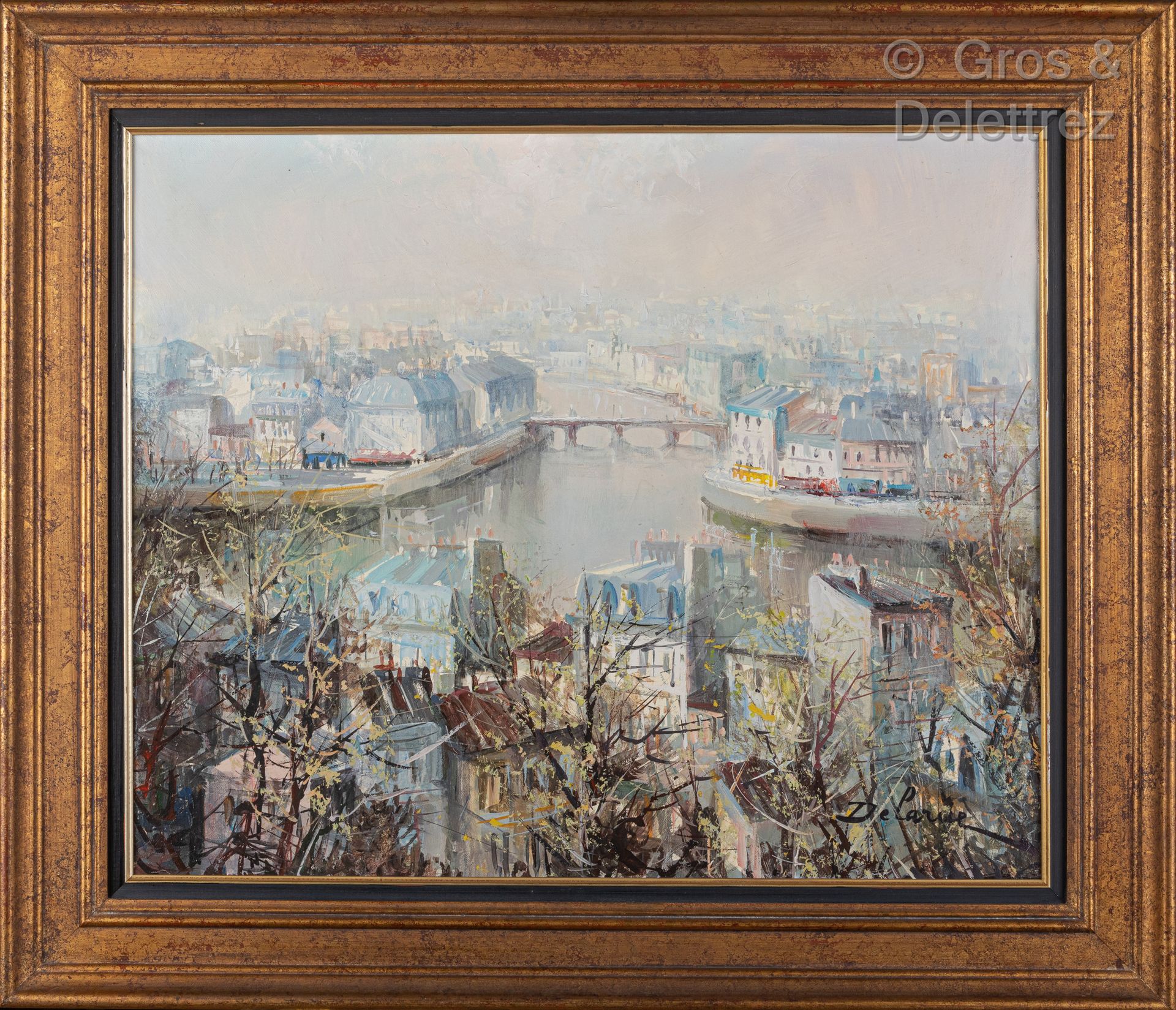 Null 
吕西安-德拉鲁(Lucien DELARUE) (1925-2011)




塞纳河和巴黎的屋顶景观




布面油画，右下角有签名




51&hellip;