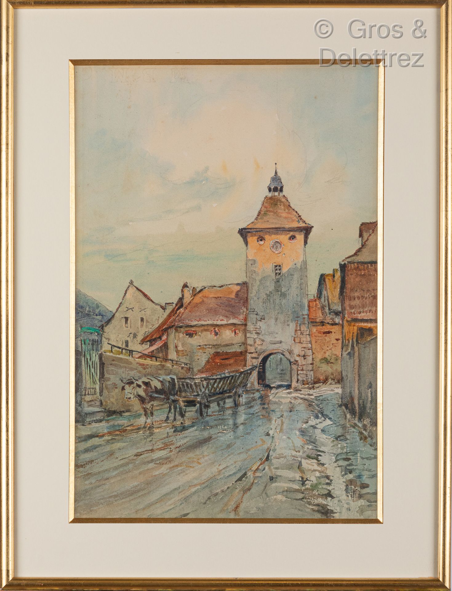 Null 勒内-莱维德 (1872-1938)

村庄前的牛车

纸上水彩和铅笔，右下方签名

46 x 30厘米