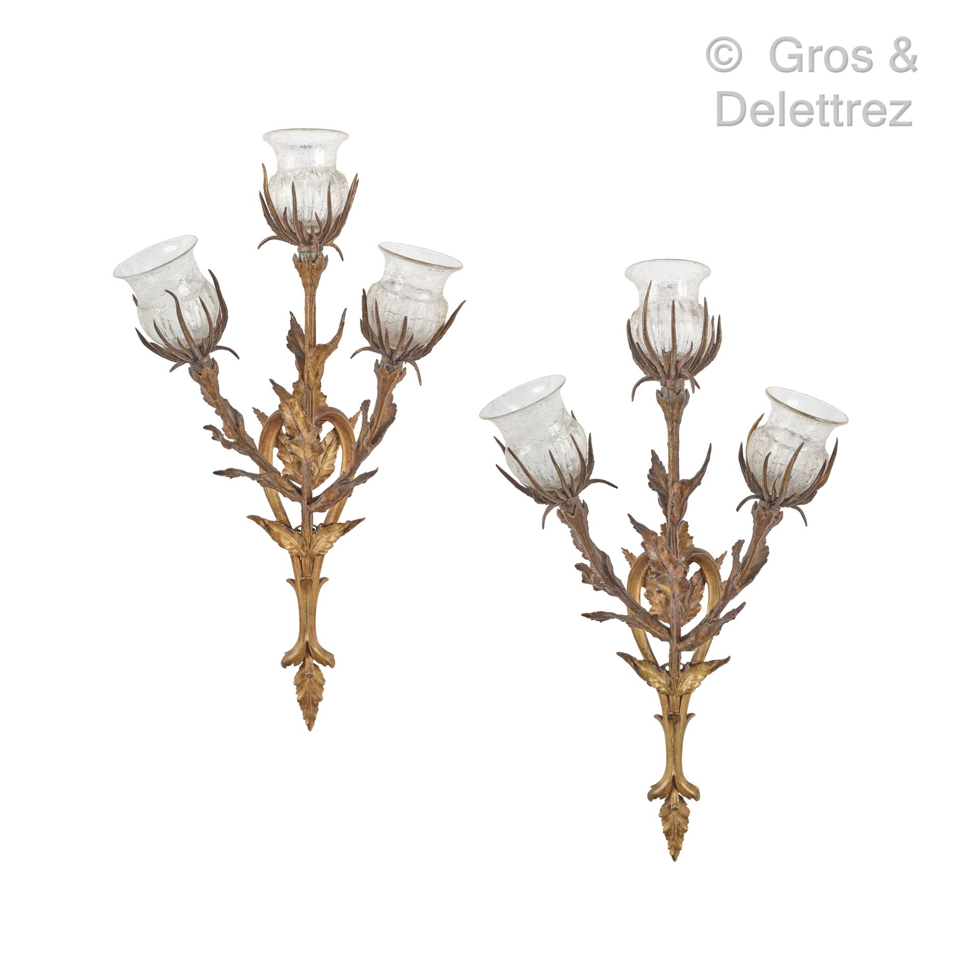 Maurice BOUVAL (1863-1916) 
Pair of sconces in bronze with gilded patina present&hellip;