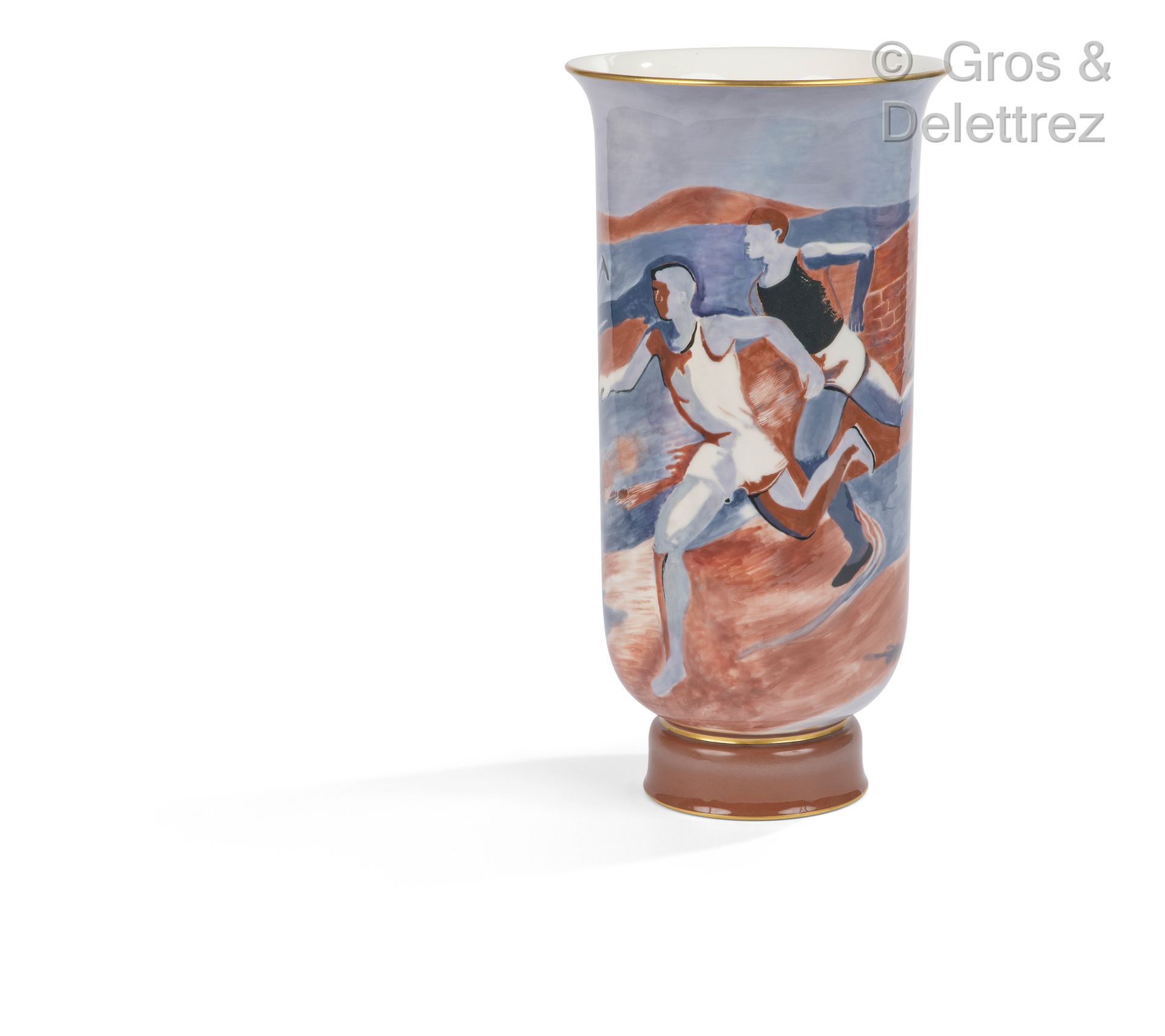 MANUFACTURE NATIONALE DE SEVRES Polychrome enamelled porcelain cylindrical vase &hellip;