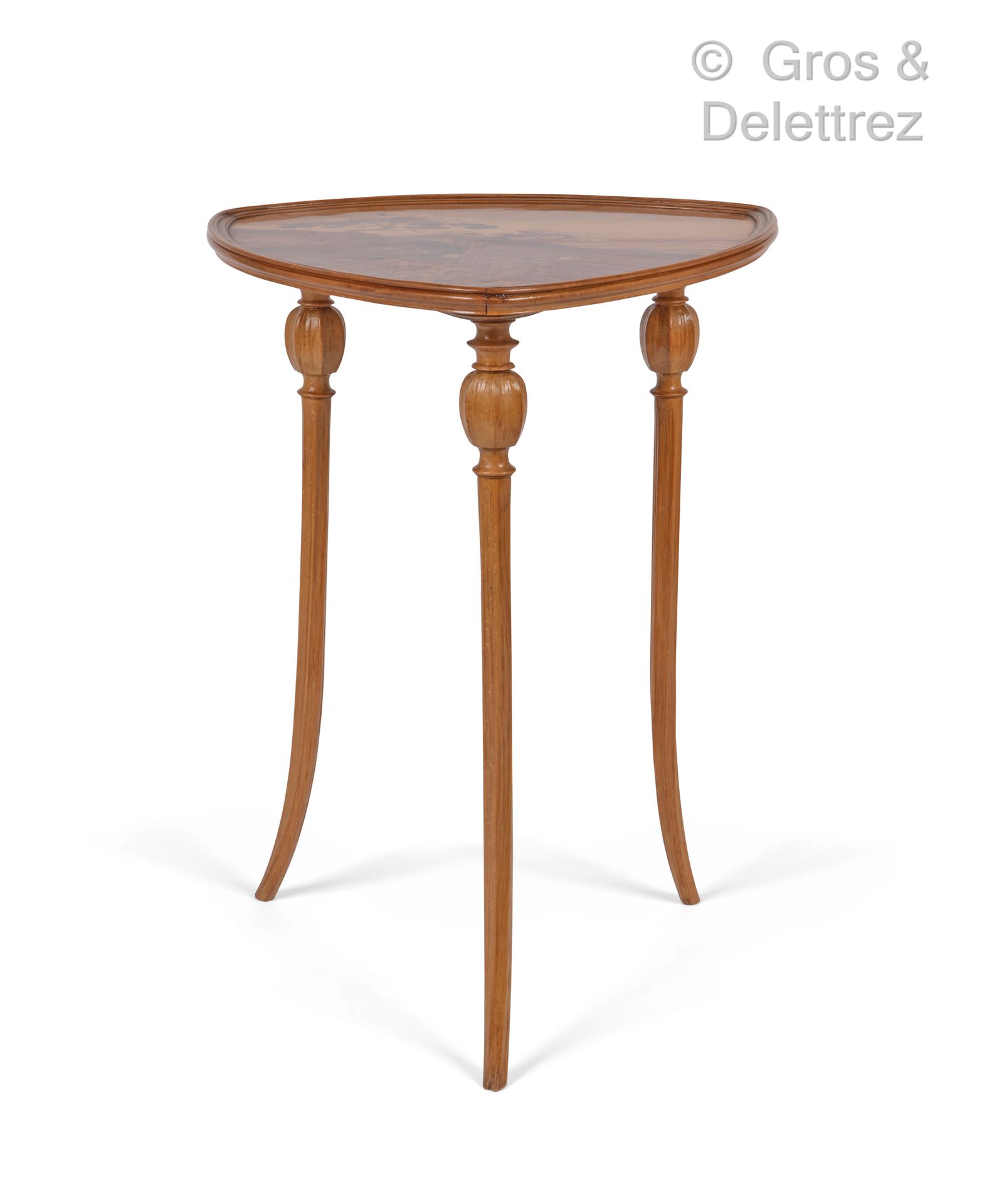 Émile GALLÉ (1846-1904) Tripod table-guidon in molded wood, carved, with a trian&hellip;