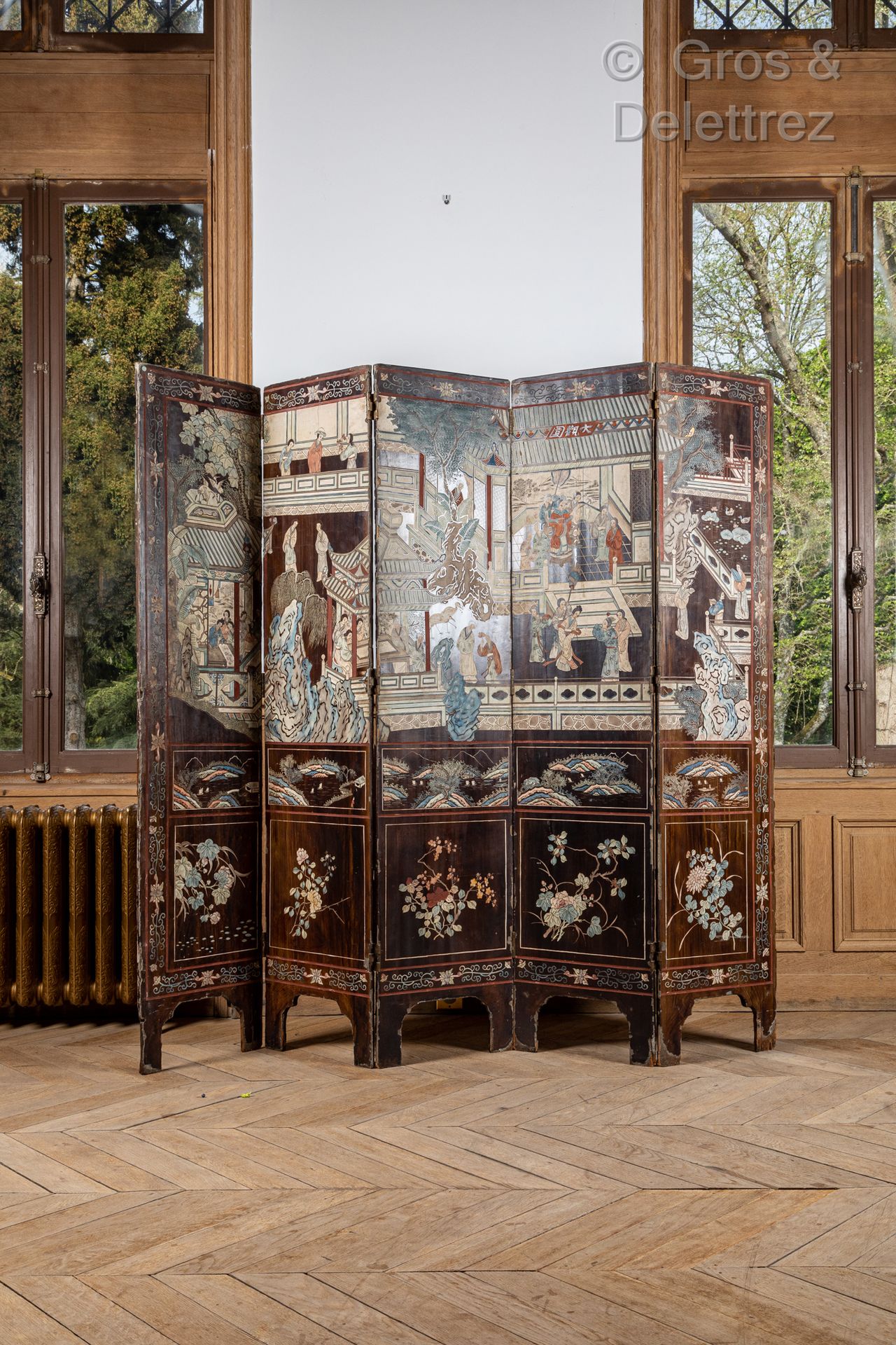 Null Five-leaf screen in Coromandel lacquer decorated with characters in pavilio&hellip;